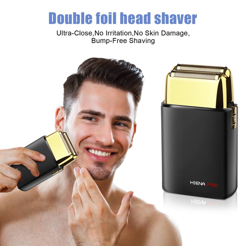 HIENA PRO Foil Shaver for Men Barber, Double Electric Foil Trimmer, Professional Electric Razor, Close Shaver, Cordless Rechargeable with USB, Black Gold