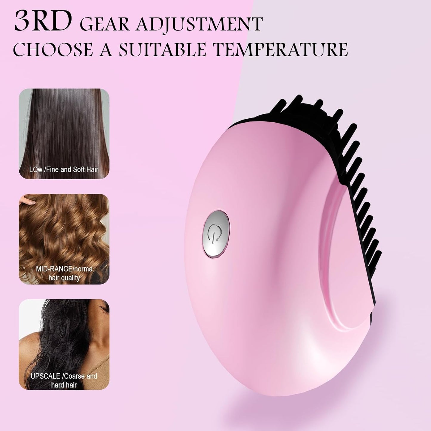 Mini Hair Straightener Brush - Rechargeable Portable Hot Comb with 3-Speed Temperature Control | Travel-Friendly Pink Design