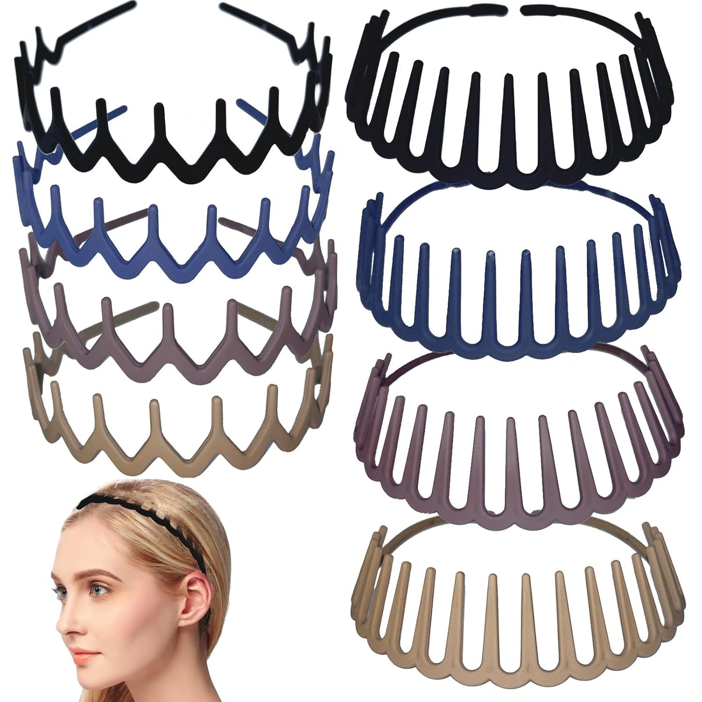 Zig Zag Plastic Headbands - 8 PCS Elastic Hair Accessories with Teeth Comb | Wave Shape for Thick Hair