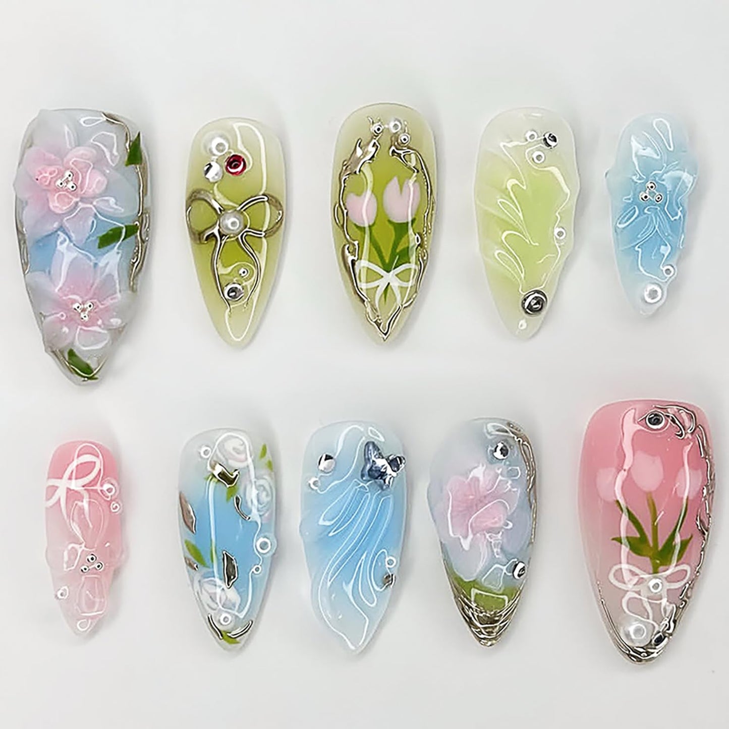 Medium Almond Press-On Nails - 30 Pcs Butterfly Pearl Rhinestones & 3D Flower Designs | Cute Floral Acrylic Full Cover