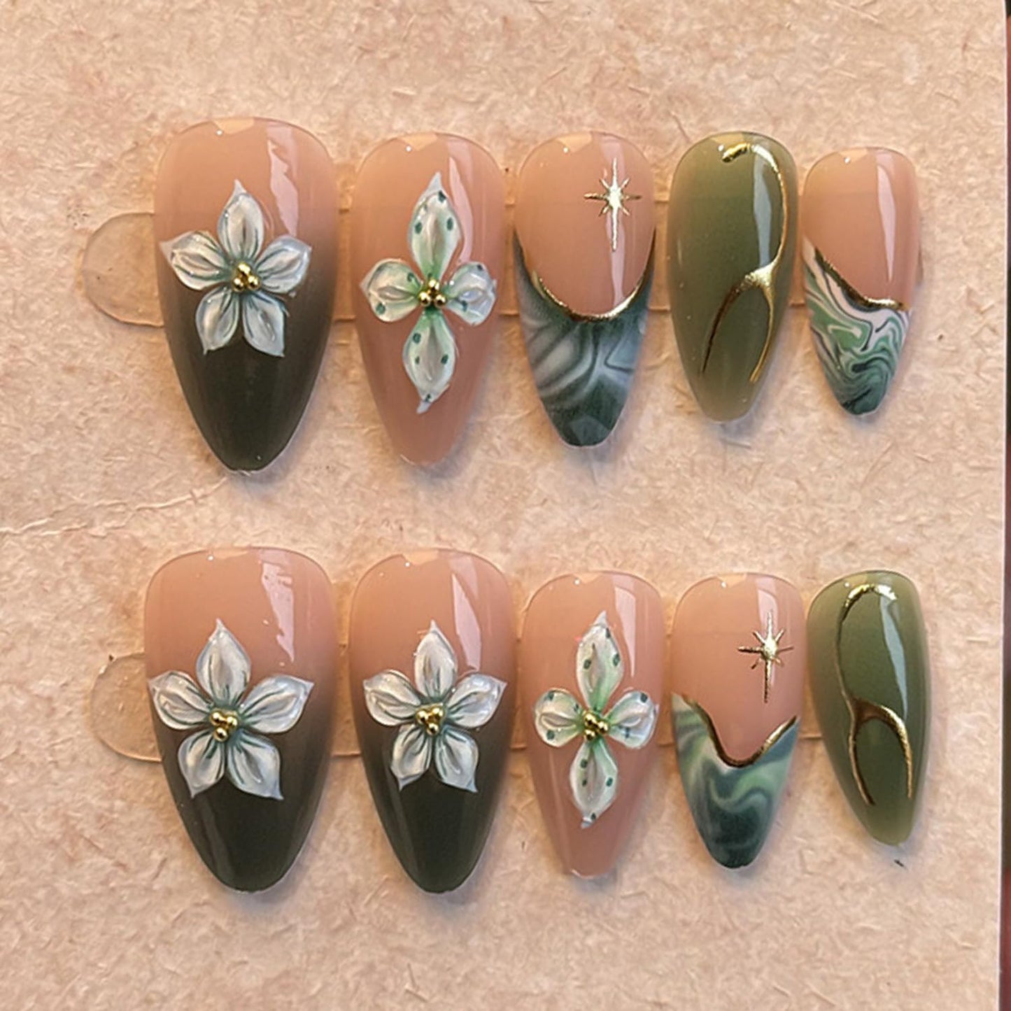 Press-On Nails - 30 Pcs Pink Flower French Tip Design | Short Almond 3D Floral Full Cover Acrylic Set