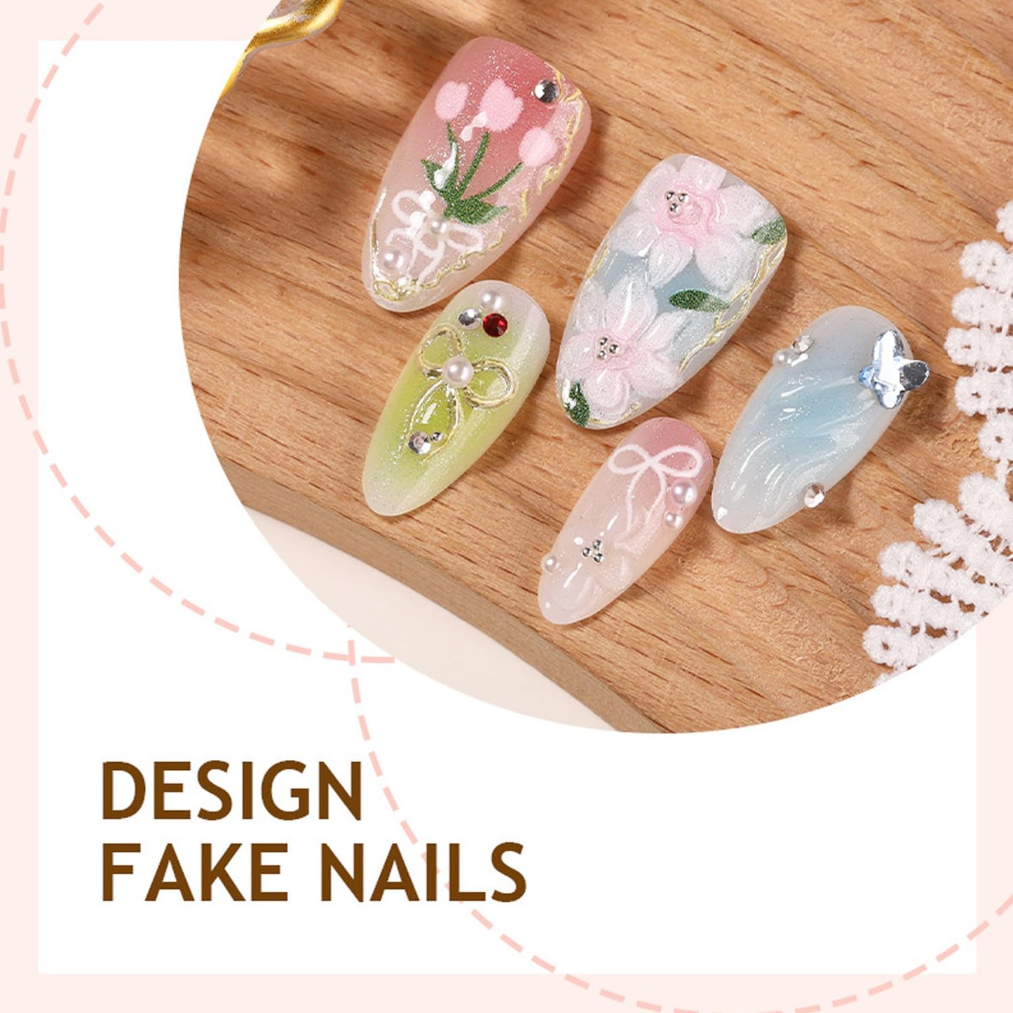 30Pcs Spring Press on Nails Medium Almond Fake Nails With Flower Butterfly Rhinestones Design 3D Pearl False Nails Cute Butterflies Acrylic Nail Spring Floral Bow Full Cover Glue on Nails for Women