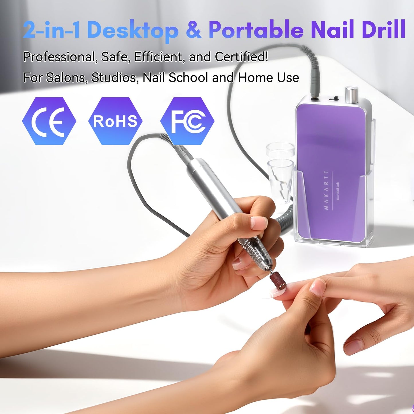 Makartt Professional Nail Drill - 35000RPM Electric Nail File with 60W Coreless Motor, 2 in 1 Desktop & Portable Rechargeable E File with Drill Bits and LCD Display, Nouvella Purple
