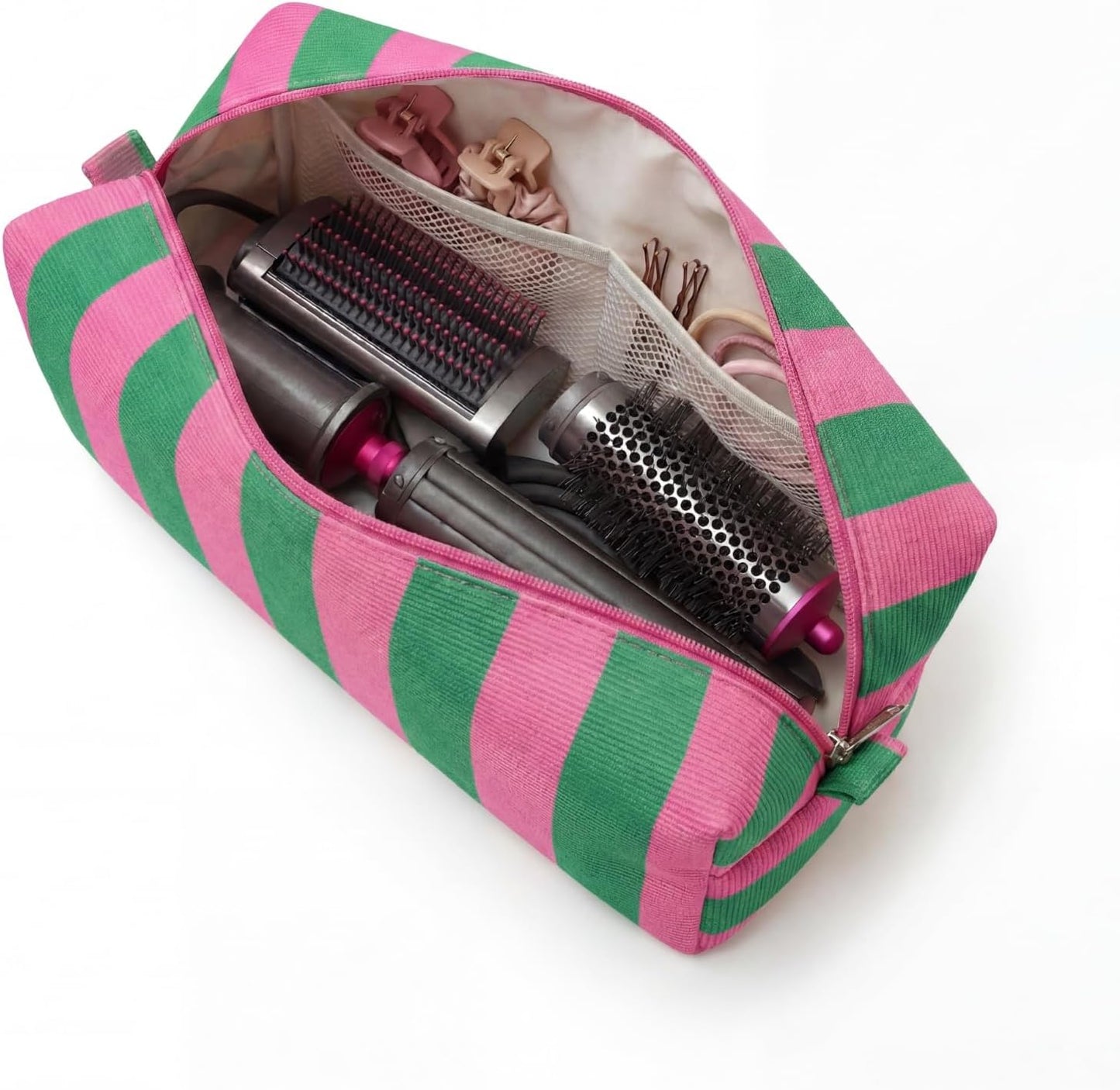 Striped Hair Tools Travel Bag - Corduroy Organizer for Hair Dryer & Flat Iron | Aesthetic Foldable Design (Pink & Green)
