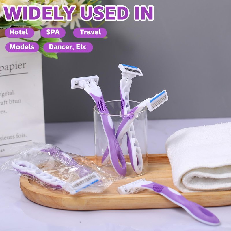 Leriton 24 Count Women's Disposable Razors Bulk Purple 3 Blade Sensitive Skin Bikini Line Razor for Bathing Hotel Travel