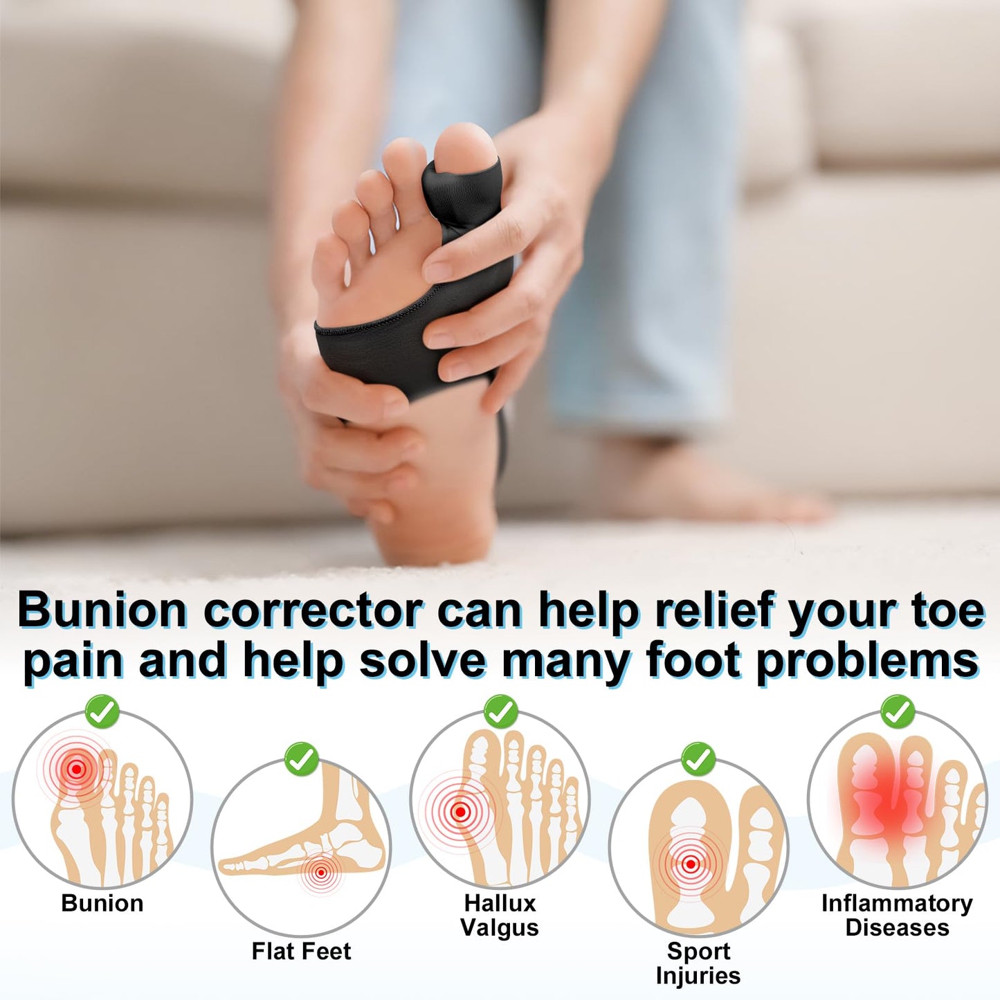 1 Pair Bunion Corrector for Women & Men, Big Toe Straightener for Hallux Valgus Pain Relief & Toe Alignment, Soft and Breathable for Day/Night, Wide Non-slip Strap, Include a Massage Ball (Black)