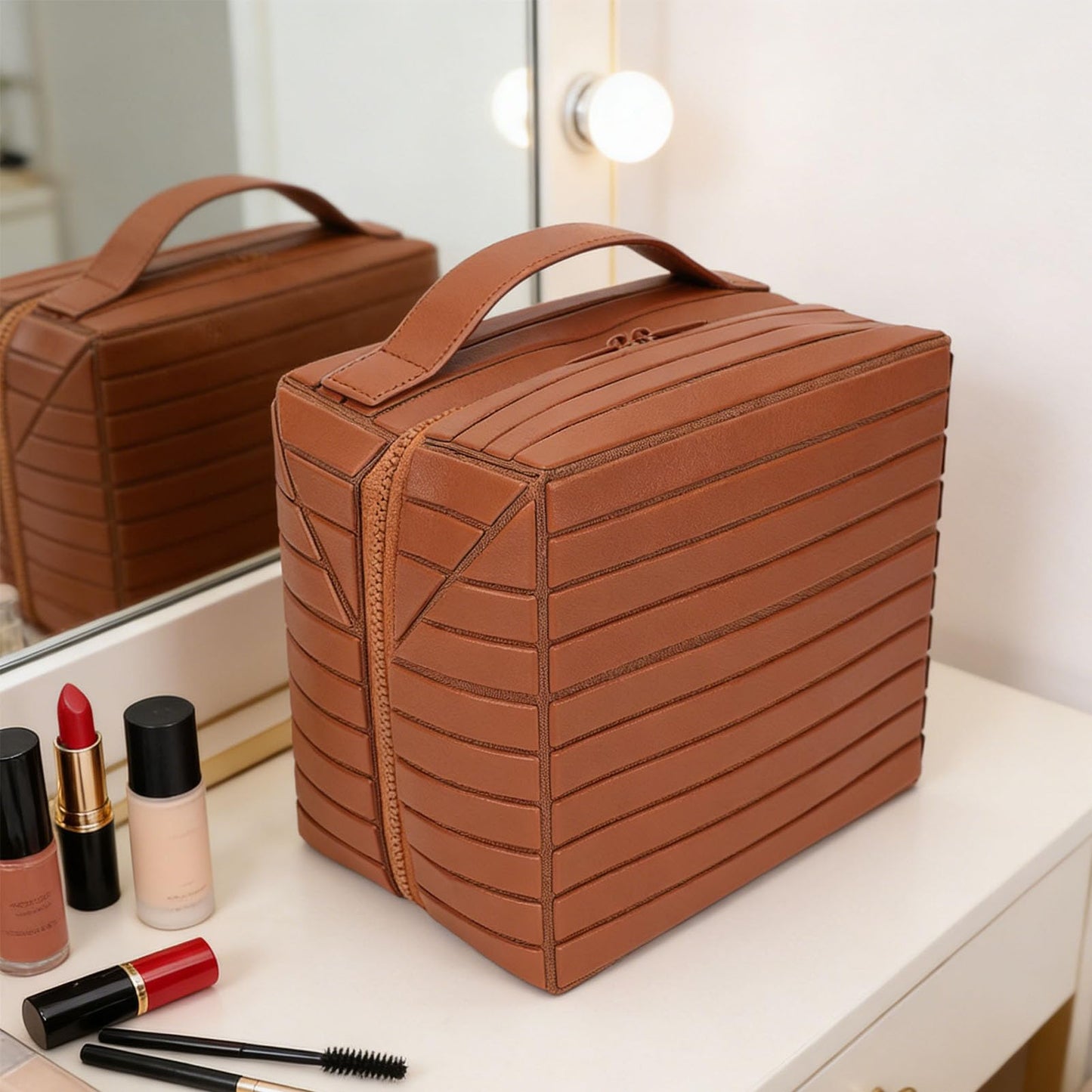 ciciglow Travel Makeup Bag, 22.5cm/8.86inch×15cm/5.91in Large Capacity Cosmetic Bags for Women, Fold Down Water Proof Toiletry Bag, Pull Open Design Soft PU Leather(Brown)