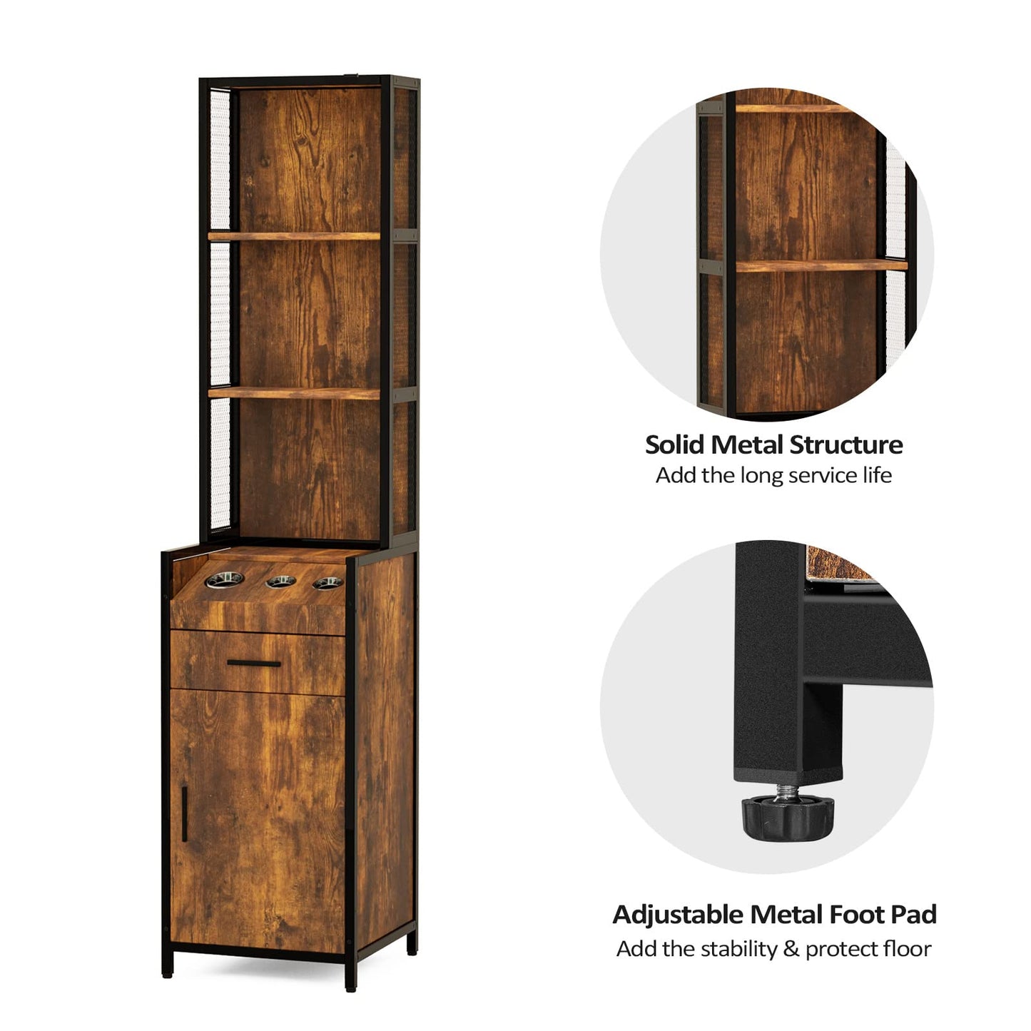 OmySalon Salon Station, Barber Stations with 3-Tier Storage Shelf, Hair Styling Cabinet with 1 Drawer, 1 Storage Cabinet, 3 Hot Tool Holders, Beauty Spa Equipment, Rustic Brown