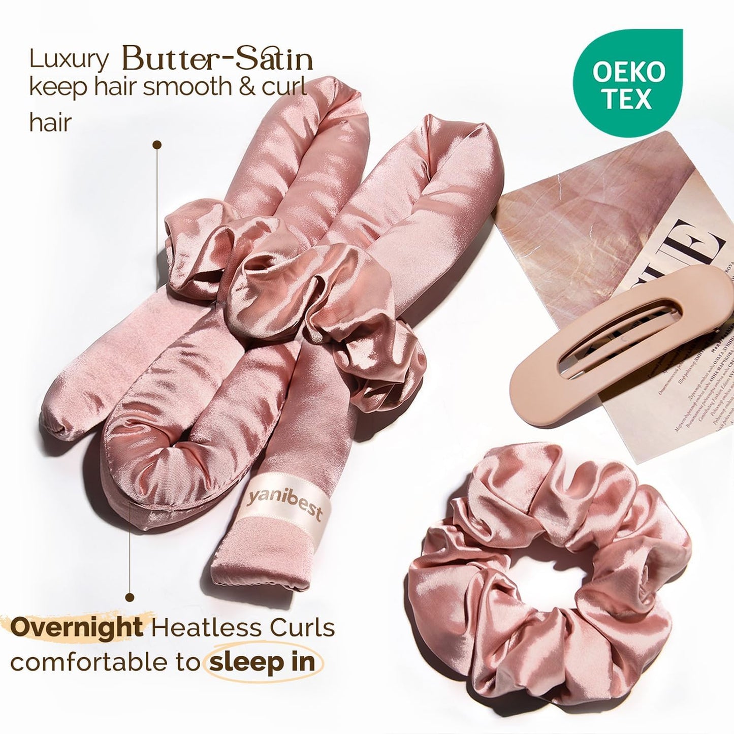 Super Soft Satin Heatless Curler Set - Overnight No Heat Curling Rods with Satin Scrunchies & Clip