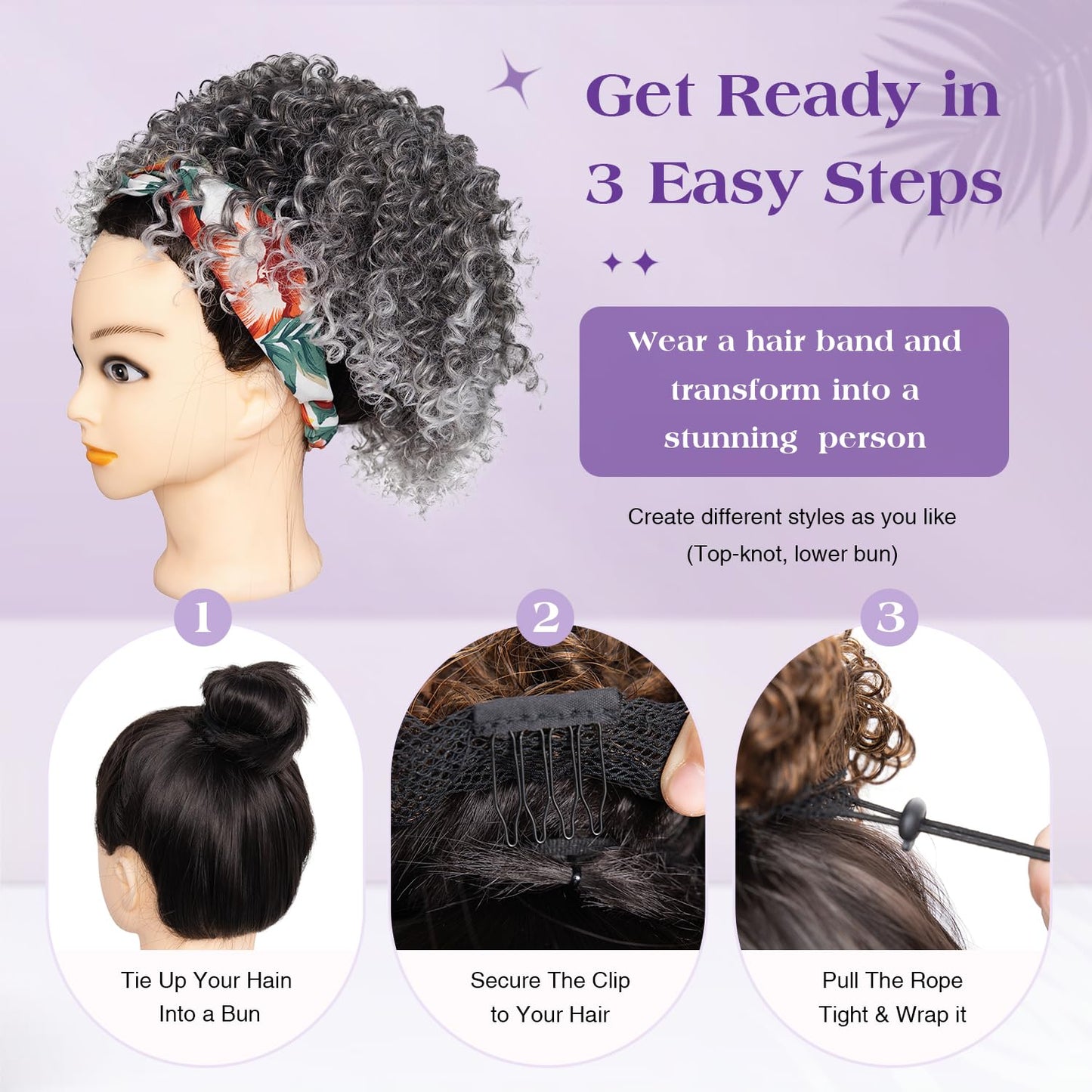 Kinky Curly Grey Drawstring Ponytail Extension - 10 Inch Ombre Salt and Pepper Hair Piece for Black Women