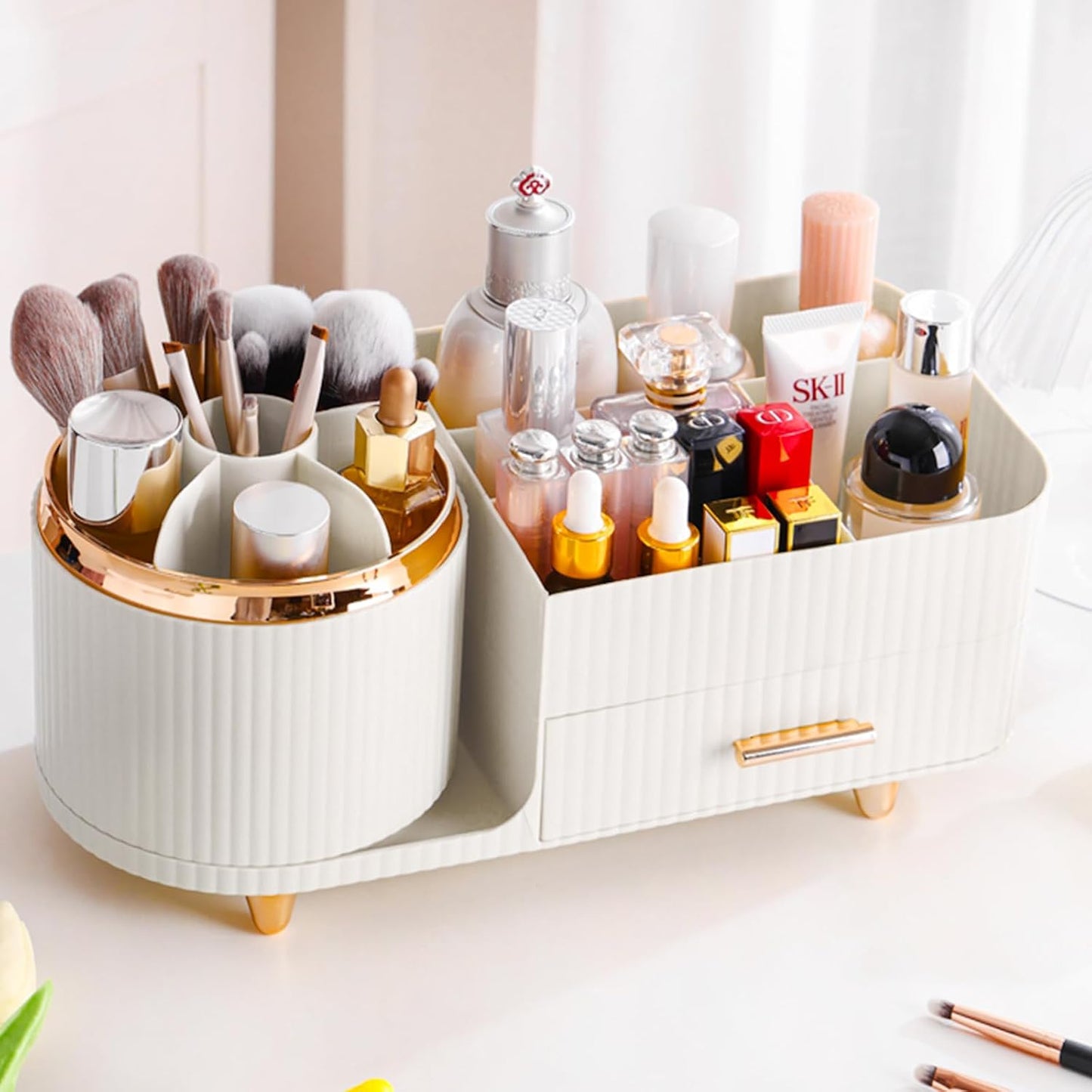 Rotating Makeup Organizer - Large Spinning Vanity Storage with Brush Holder | Black Cosmetic Display Case