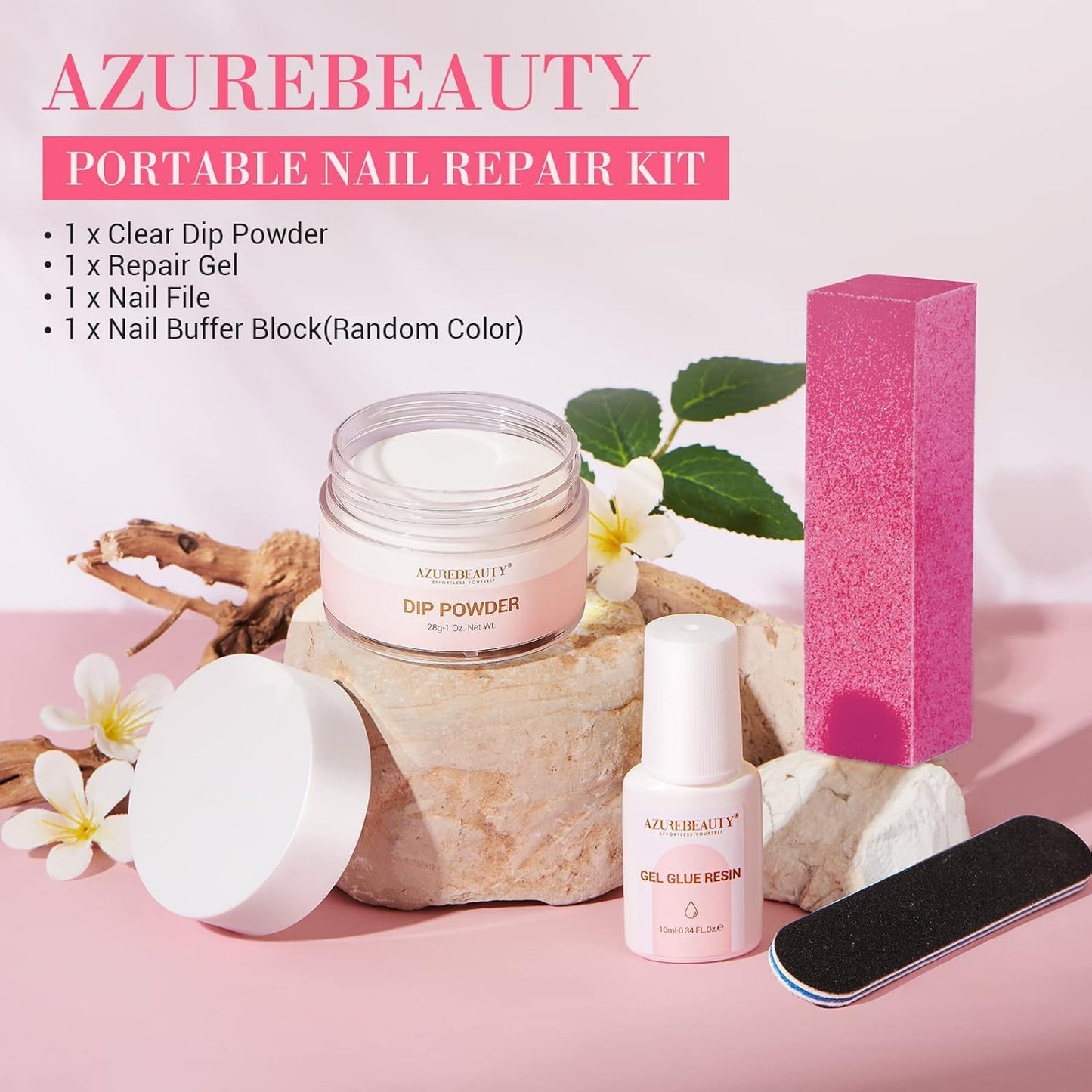 AzureBeauty Nail Repair Kit Transparent Crystal for Broken Cracked Split Weak Nails, Ideal Solution Emergency Easy Quick Fix Dip Powder 28 g 1 Oz Quick-Drying Repair Glue 10 ml Nail File Nail Buffer