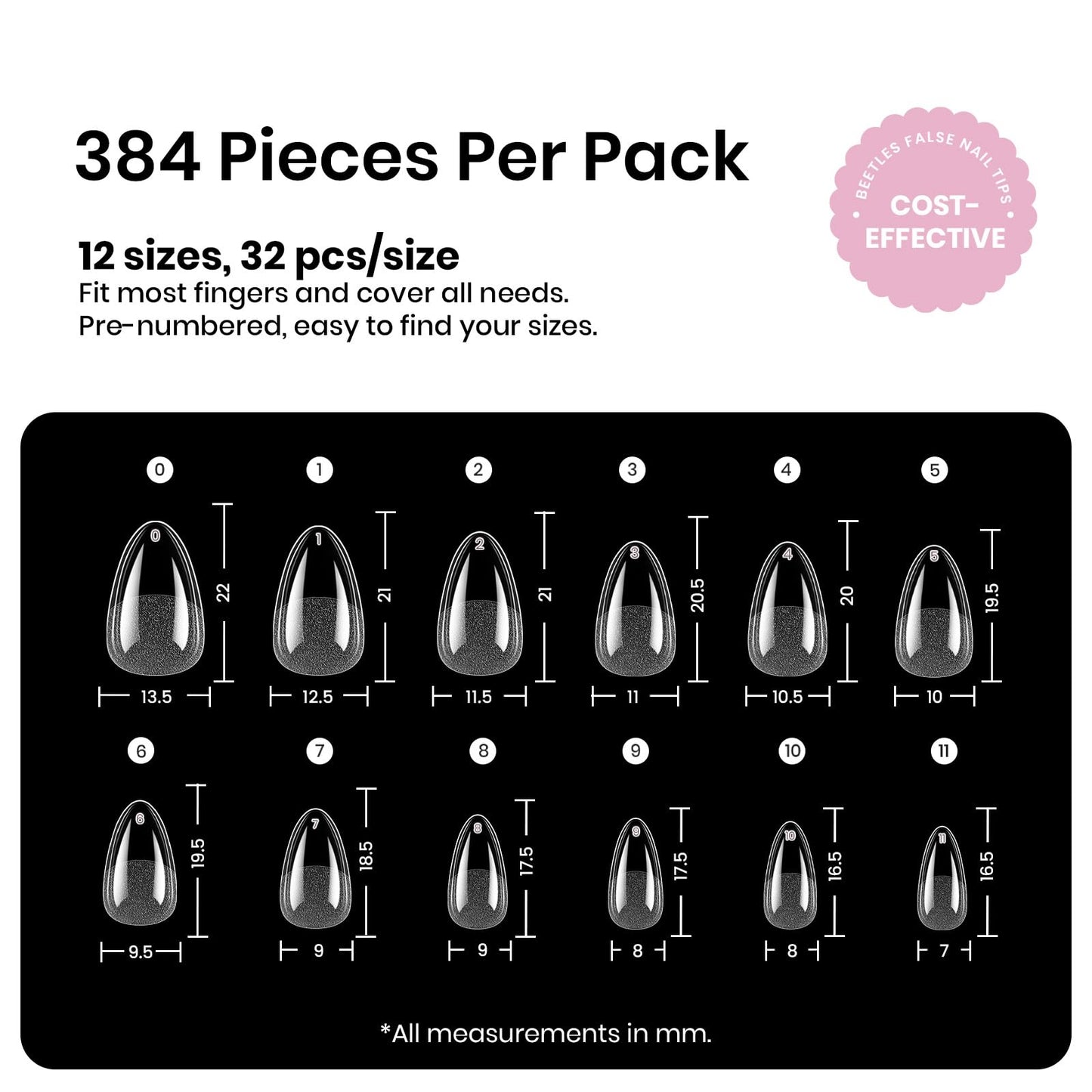 Beetles Gel Nail Tips Etch-X- Almond Short, 384pcs 12 Sizes, Pre-Etched Half Matte Full Cover Soft Gel Nail Tips, Press on False Nail Extension Acrylic Fake Nails, Easy DIY Salon Art