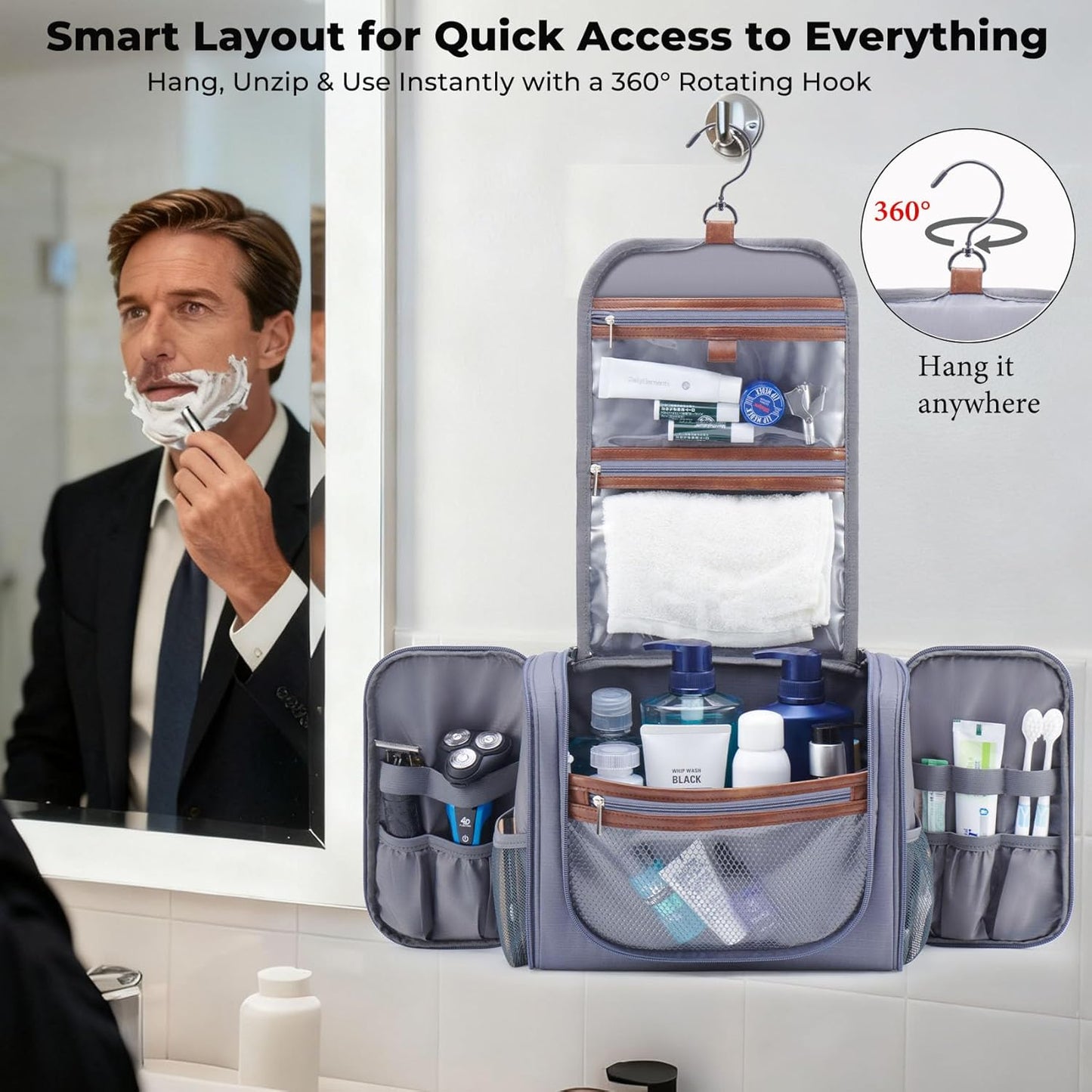 Large Hanging Toiletry Bag for Men - Travel Organizer with Hook | Gray Hygiene & Grooming Essentials