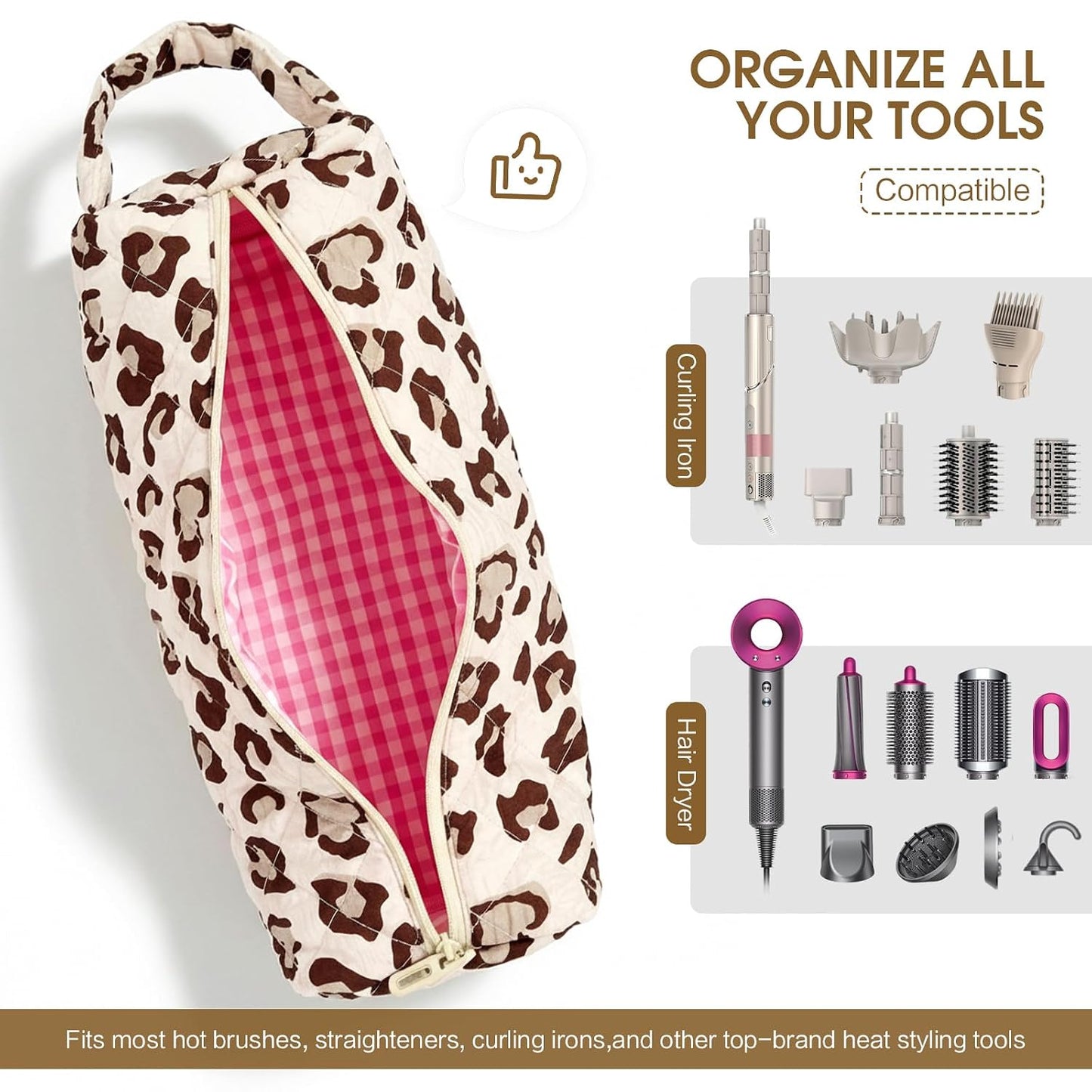 Quilted Travel Bag for Hair Tools - Compatible with Dyson Airwrap & Shark Flexstyle | Large Leopard Organizer