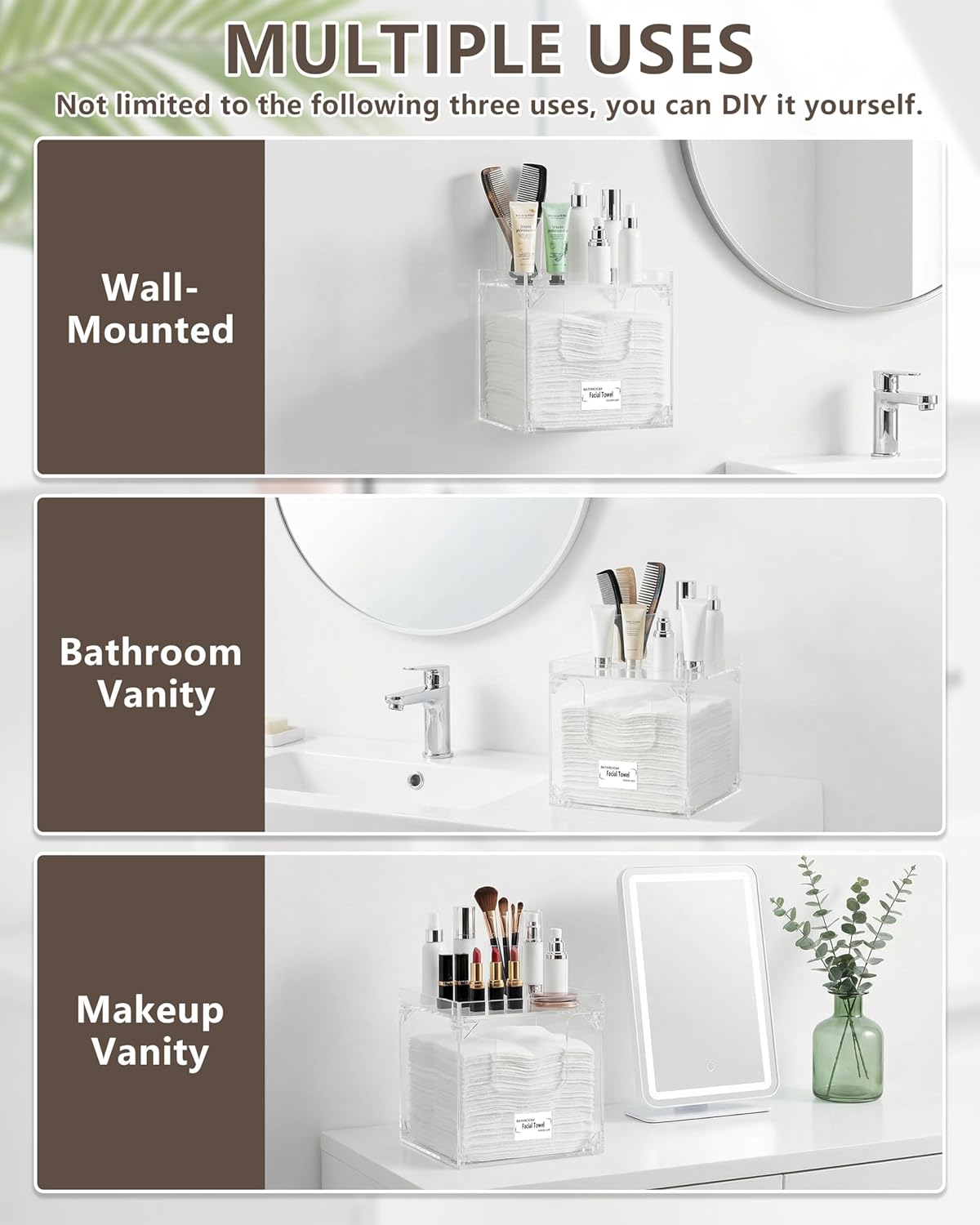 Foldable Facial Towel Holder - Acrylic Storage Box for Clean Towels | Non-Slip Pads, XL Size