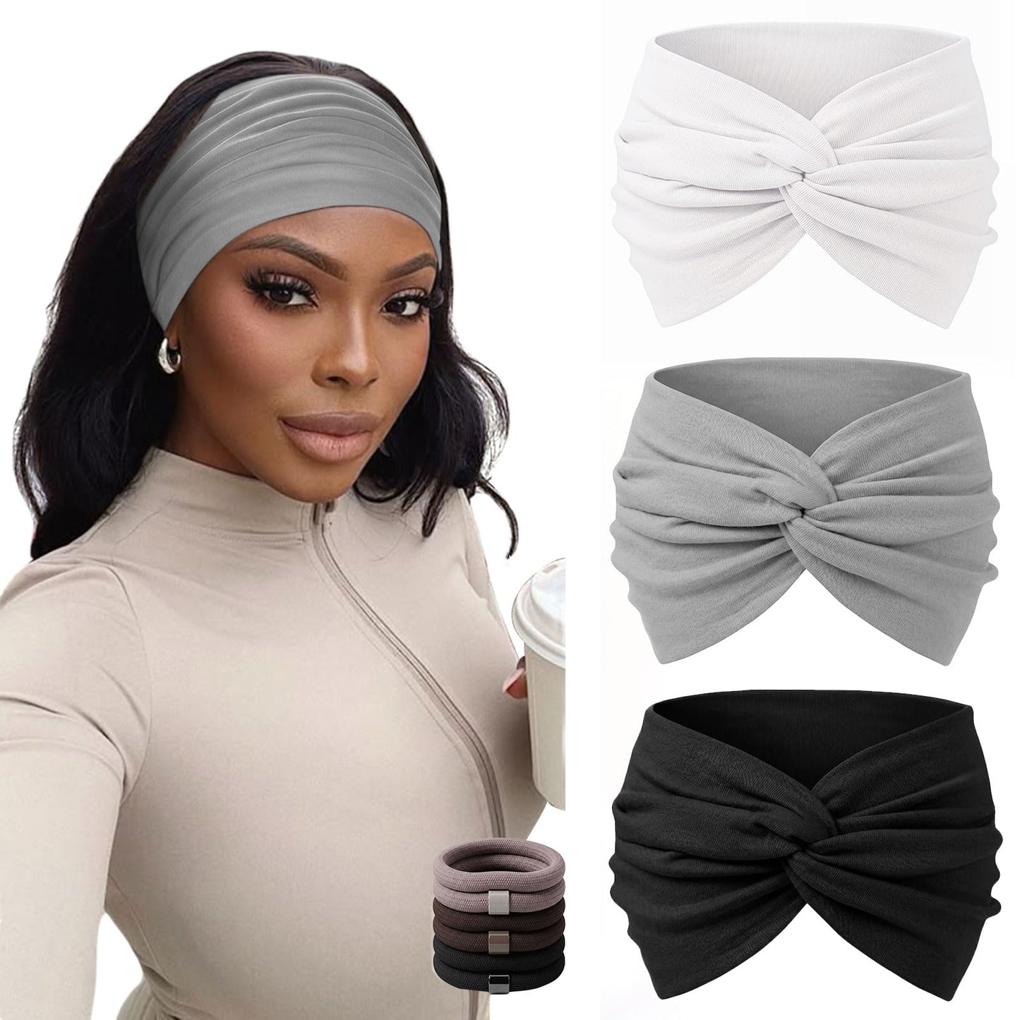 WENNKINN 7-Inch Wide Headbands for Women – 3 Pack Soft Thick Turban Hair Bands, Bandana-Style Head Wraps for Workout Yoga Sleep, Fashion Accessories with 6 Pcs Hair Ties-Ash, White, Black