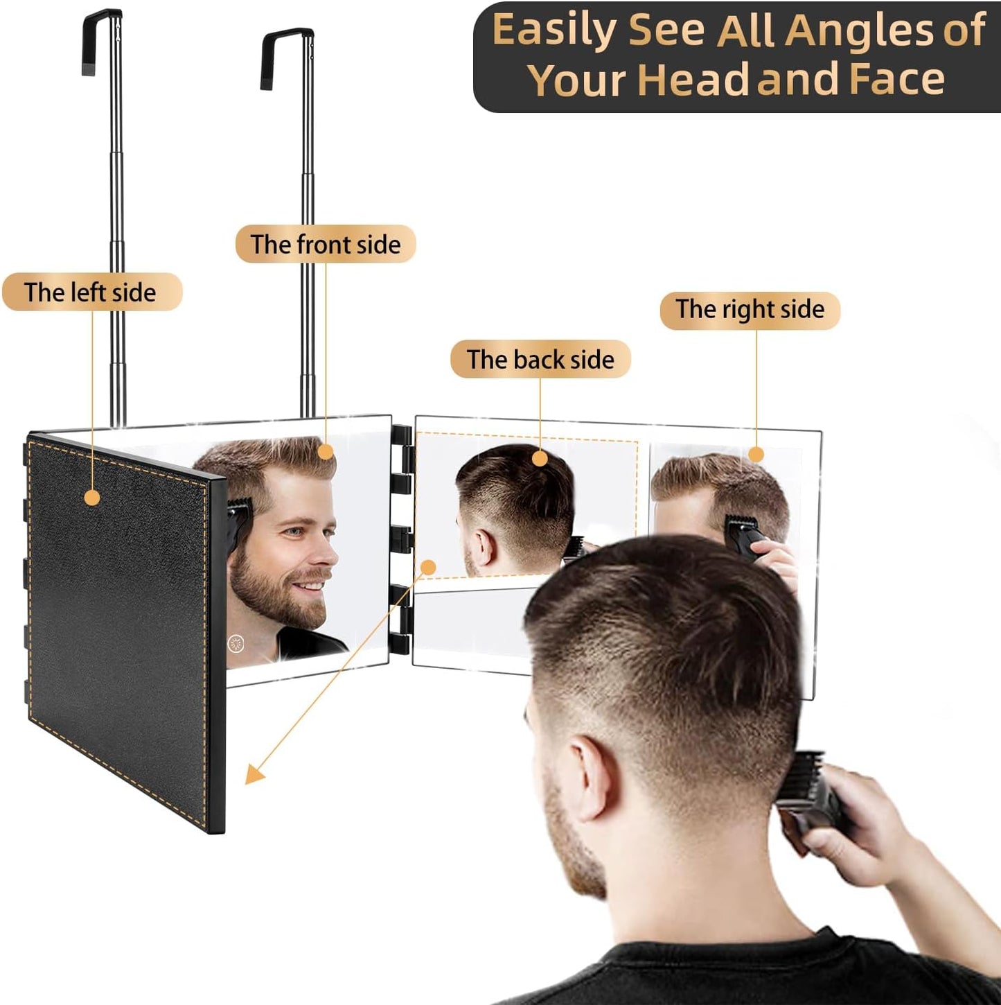 XIGETRAIL Rechargeable 3-Way Mirror - 8 LED Light Strips & Telescoping Hooks for Hair Cutting, Makeup, & Styling