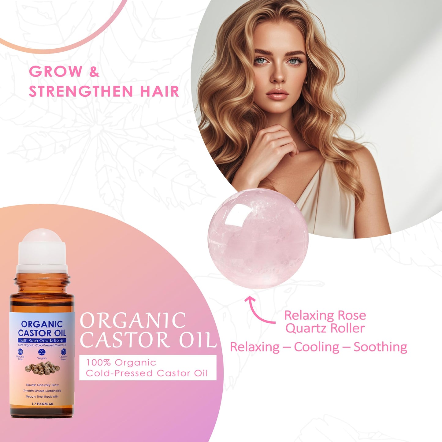 tuyapio Organic Castor Oil Rose Quartz Roller Ball, Castor Oil Roll-On old-Pressed Pure Organic Golden Castor Oil Roller Ball for Hair Growth, Eyelashes, Eyebrows & Skin, 1.7 fl oz(1)