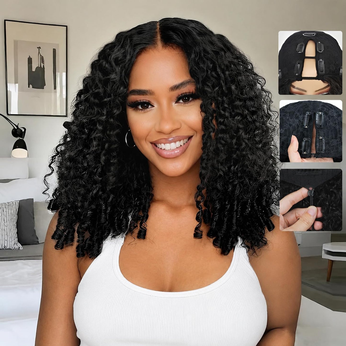Burmese Curly Half Wig - 220% Density 100% Real Human Hair | Glueless 3-in-1 Headband Wig, 16 Inch