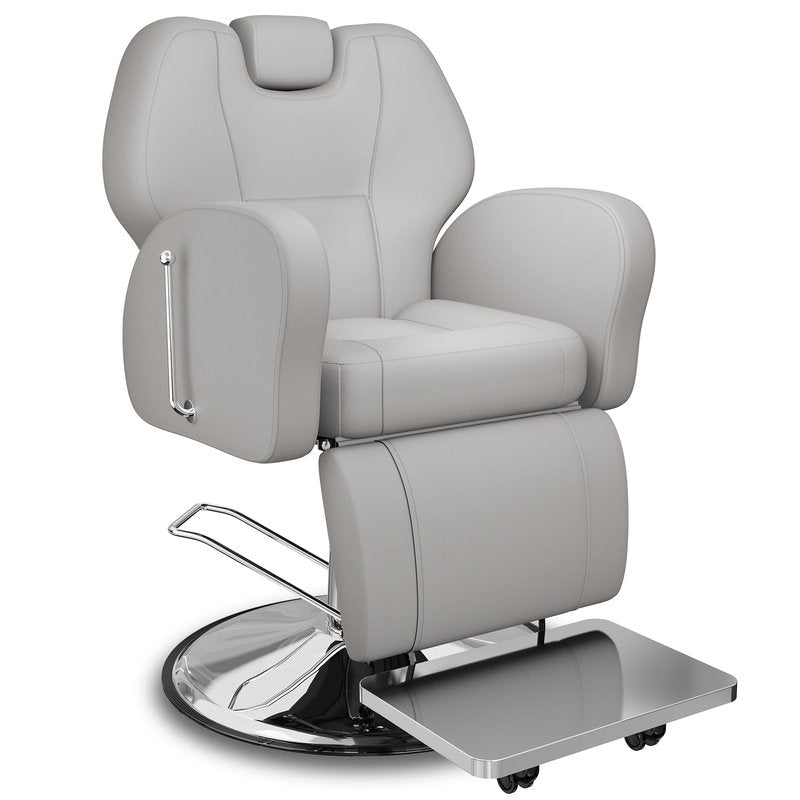 Baasha Heavy Duty Reclining Barber Chair - Grey Hydraulic Salon Chair for Facials, Lash Extensions, Tattoo & Braiding - 165° Recline with Leg Rest, Stainless Steel Base