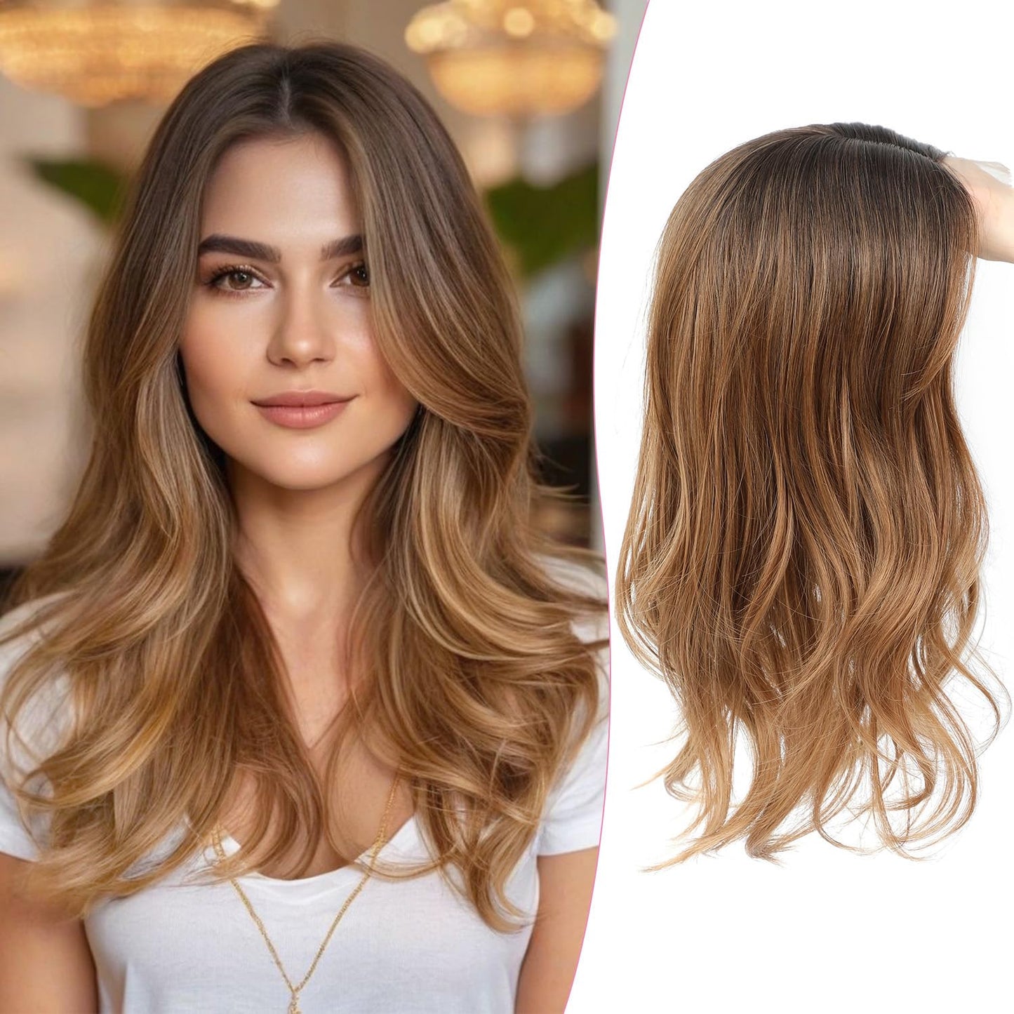18 Inch Body Wavy Hair Topper for Women - Synthetic Clip-In, Natural Part, Dark Brown Root to Blonde Ombre with Highlights