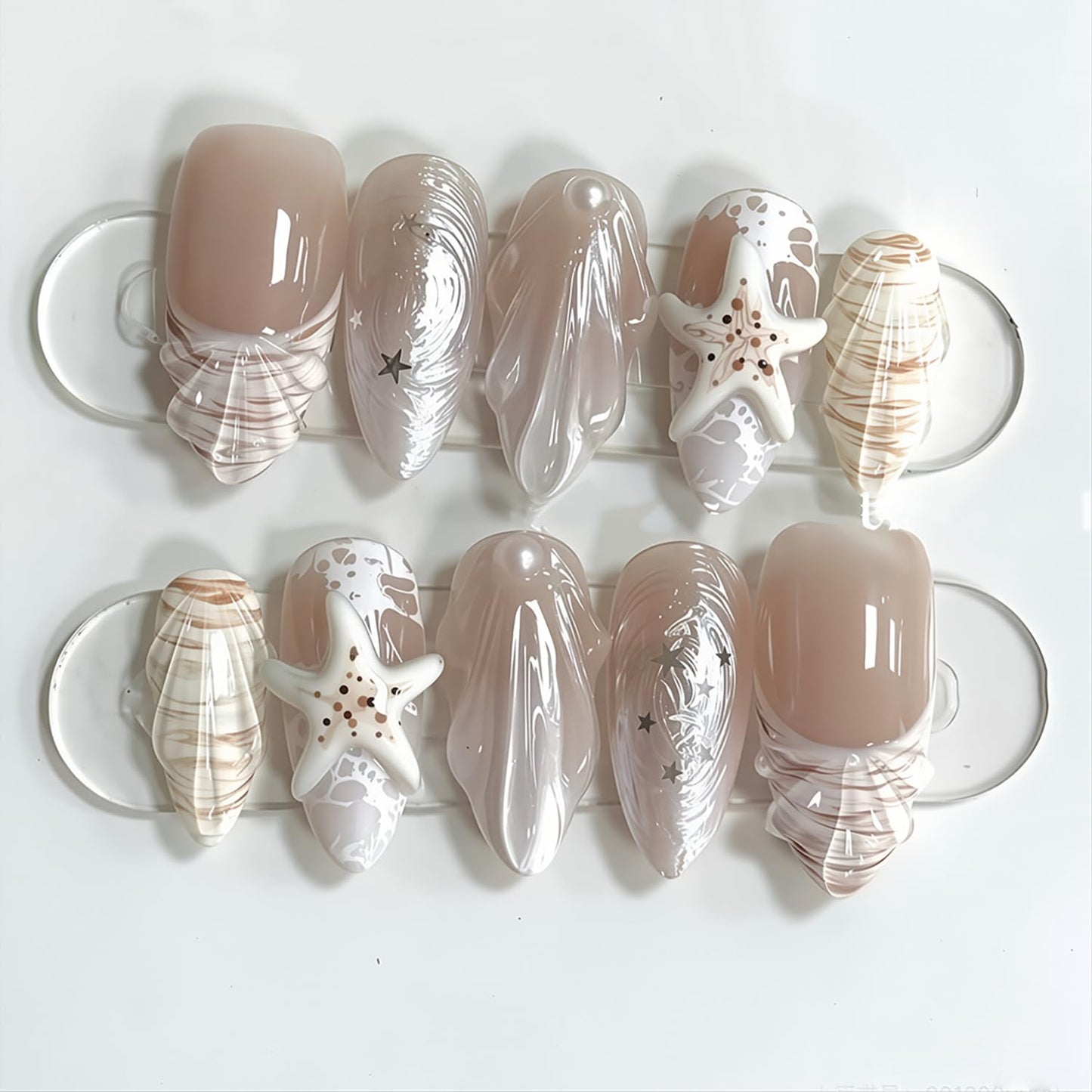 3D Gold French Tip Press-On Nails | Medium Almond Shape with Rhinestones & Gold Beads | Full Cover, Glossy Finish