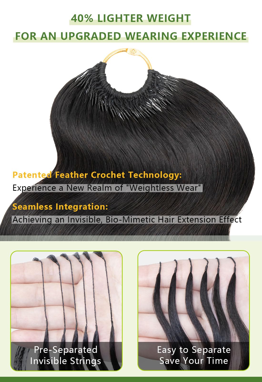 MLIP Crochet Hair for Black Women, Feather Crochet Human Hair, 14 16Inch 120g Burmese Body Wave, Knotless Pre-Separated, Quick Install Protective Style Lightweight Tangle-Free Reusable Natural Black