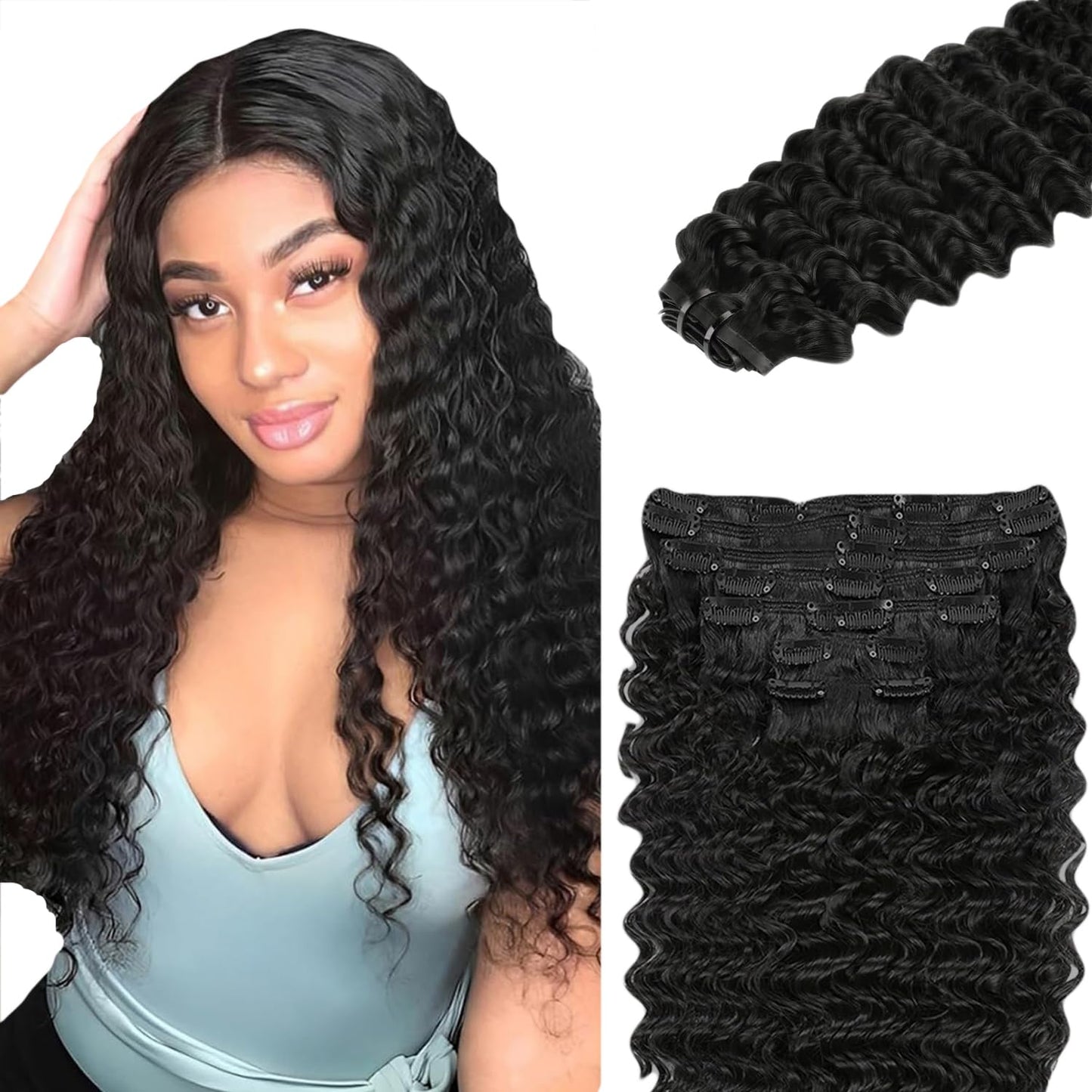 Deep Wave Clip ins Human Hair, 16 Inch 120g/7Pcs,Full Shine Black Human Hair,Natural Black Clip ins Brazilian Virgin Hair #1B Deep Wave Clip in Hair Extensions