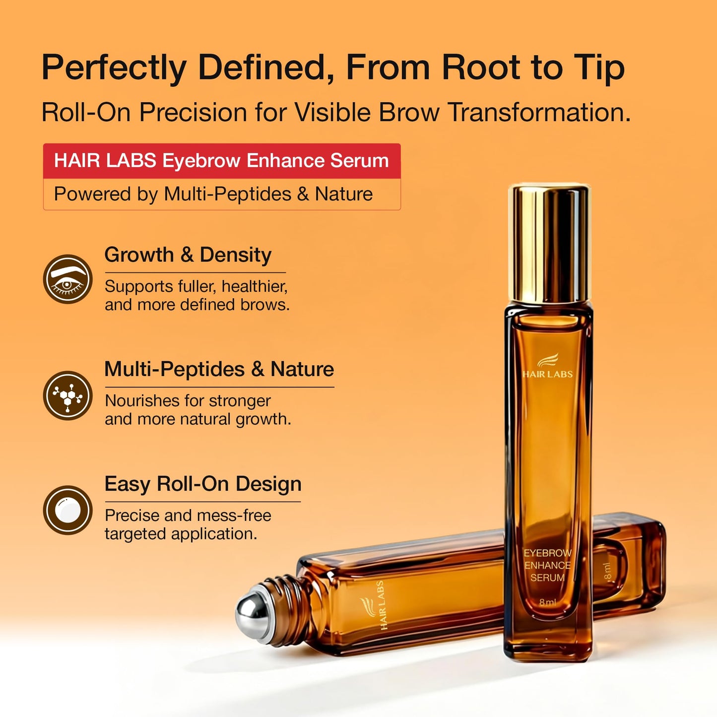 Eyebrow Growth Serum with 5 Peptides & Resurrection Plant, Supports Fuller, Healthier-Looking Brows, Roll-On for Brows, 8ml for Men & Women