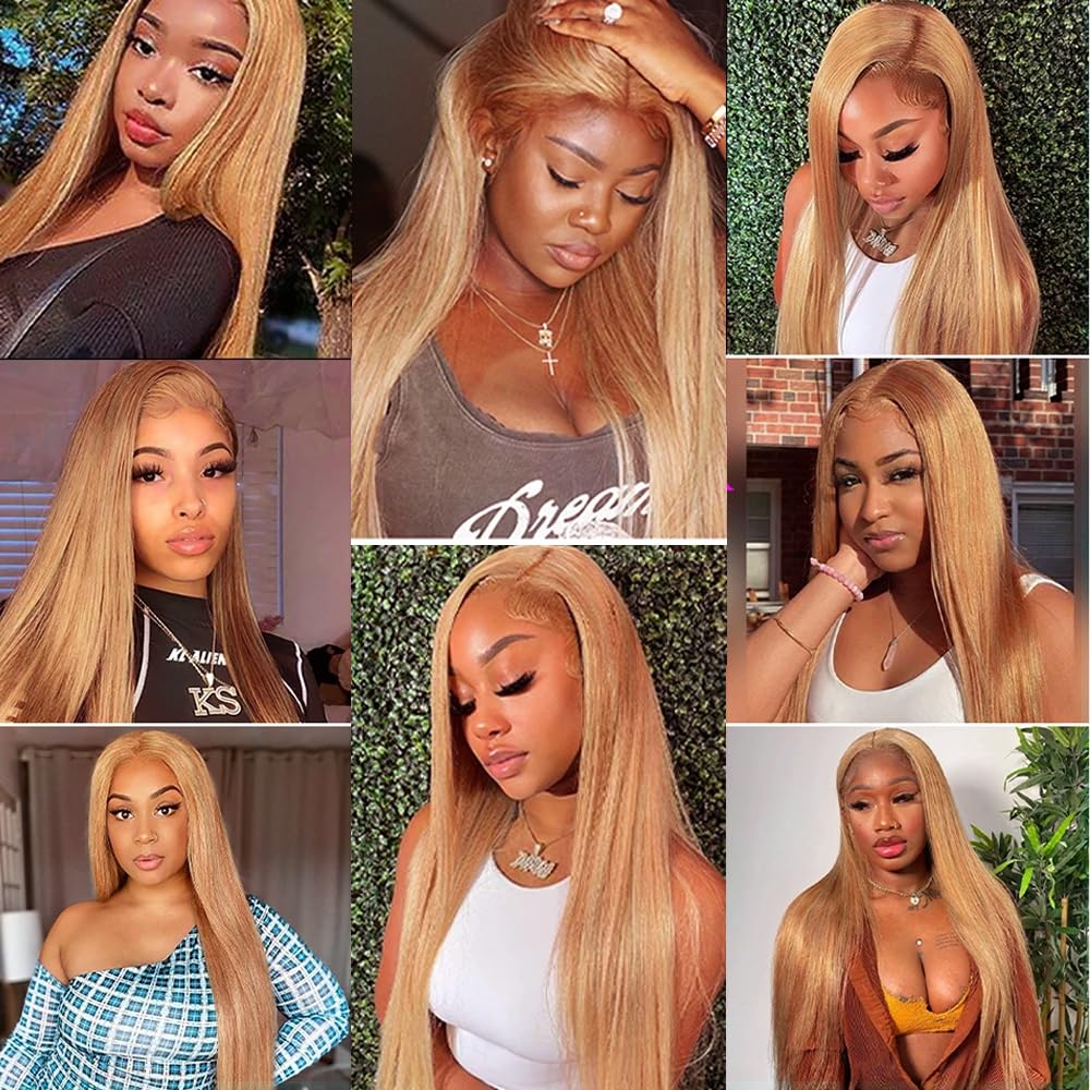 Huxowax P27/30 Straight Highlight Blonde Human Hair Extensions Light Brown Weave 3 Bundles Total 300g Doubles Weft Human Hair Bundles 18 20 22 Inch