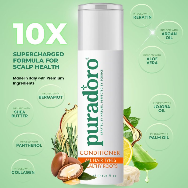 Puradoro Conditioner for All Hair Types & Healthy Roots – Hydrates & Strengthens with Argan, Jojoba & Keratin, Infused with Shea Butter & Aloe Vera