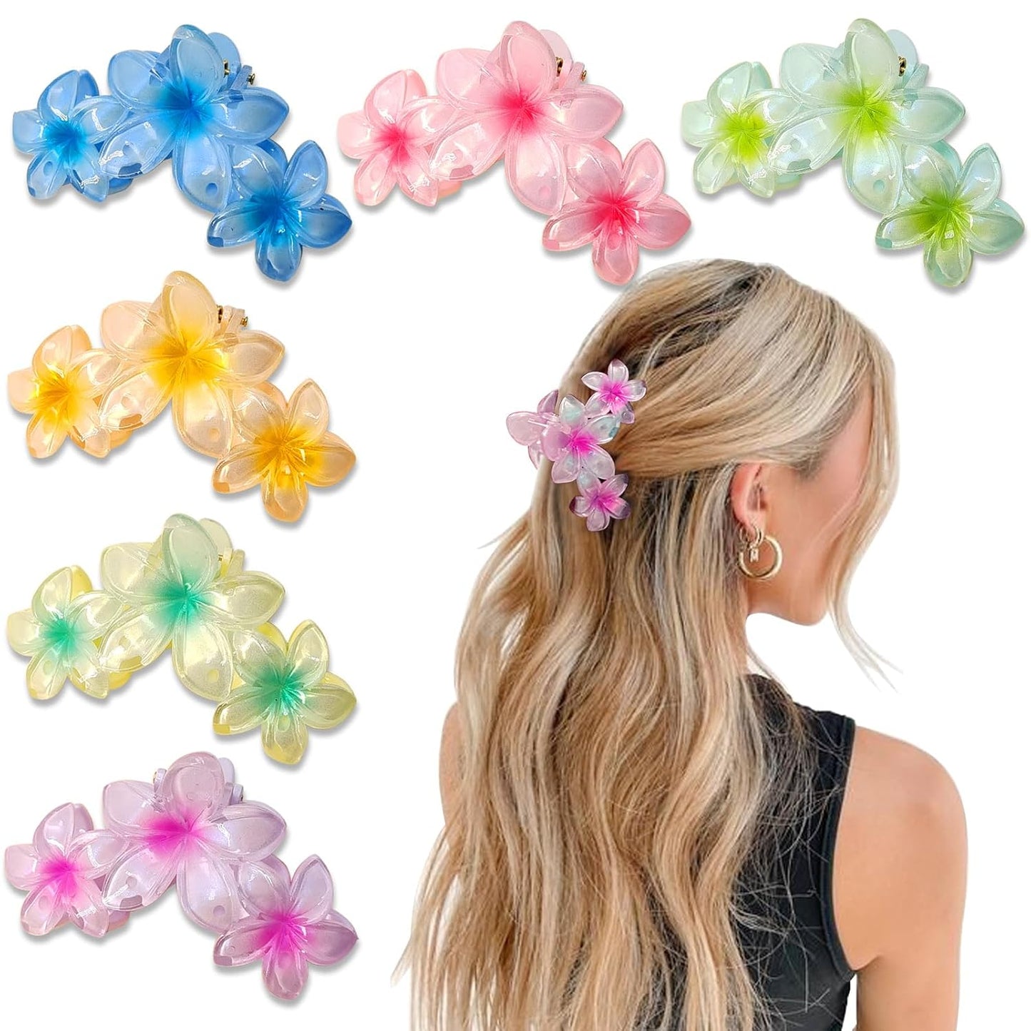 Flower Hair Clips for Women - 6PCS Hawaiian Plumeria Strong Hold Hair Claws | Cute Beach Accessories