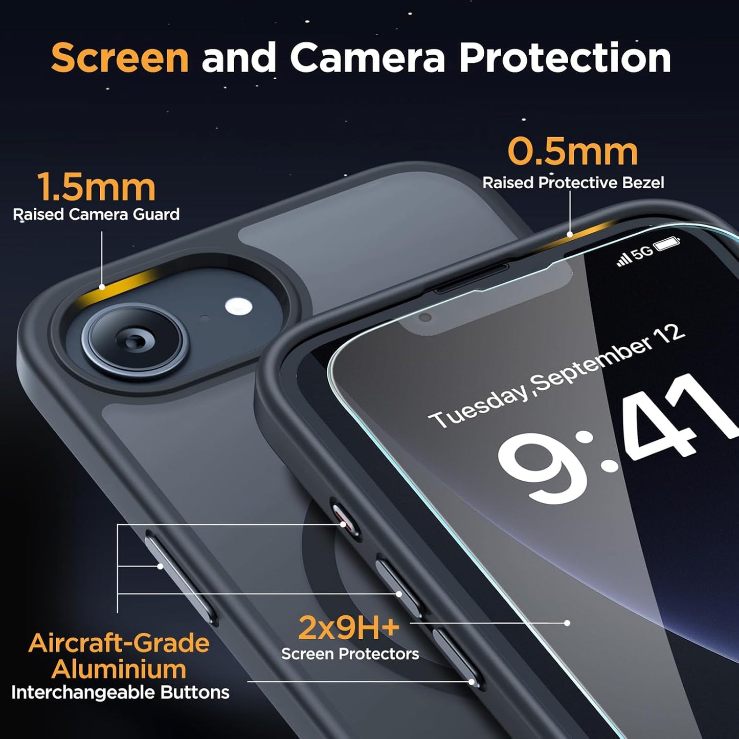 iPhone 16e/17e Case - Military-Grade Shockproof Protection with Velvet Touch | 6.1" Matte Black & 2x9H+ Screen Protectors
