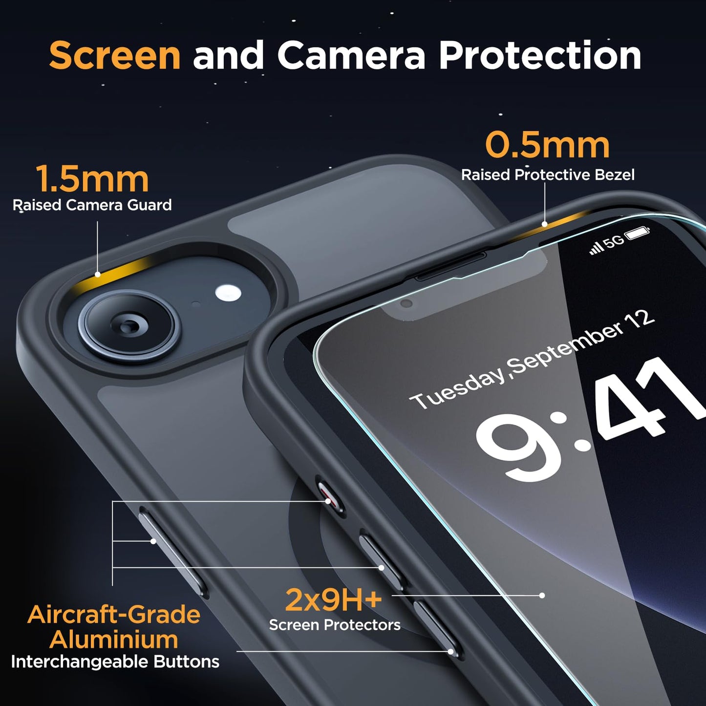 Miracase for iPhone 16e case & iPhone 17e Case for MagSafe [with 2×9H+ Screen Protectors] TOP Military-Grade Protection Shockproof with Velvet Touch for iPhone 16e/17e Phone Case 6.1", Matte Black