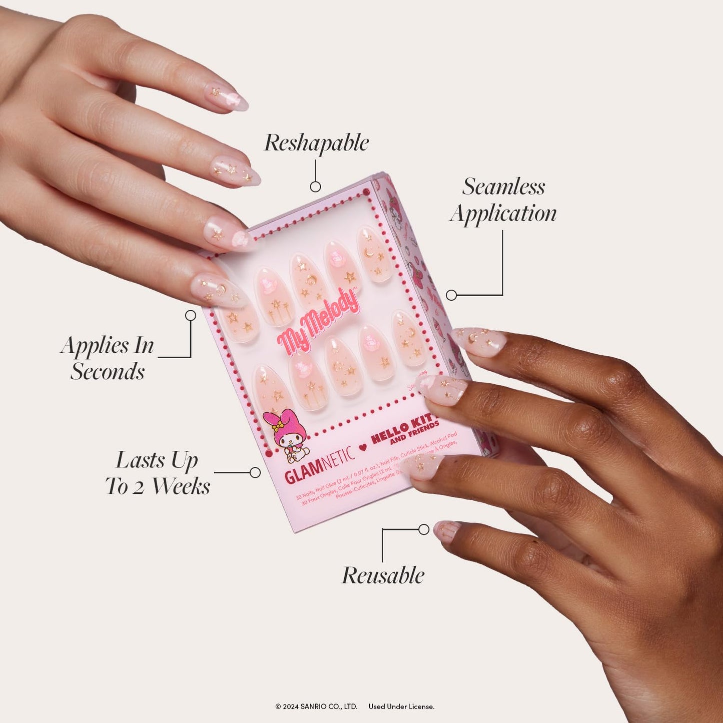 Glamnetic Press On Nails - My Melody™ Short Almond Gold Foil 3D Graphic | 30 Nail Kit with Glue - 15 Sizes Available