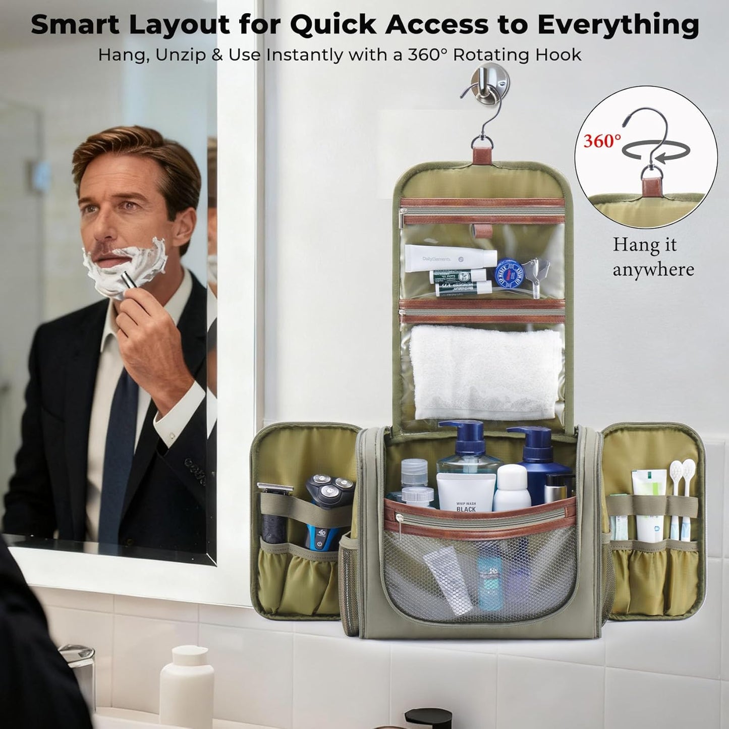Large Hanging Toiletry Bag for Men - Travel Bathroom Organizer with Hook | Green Hygiene & Grooming Essentials