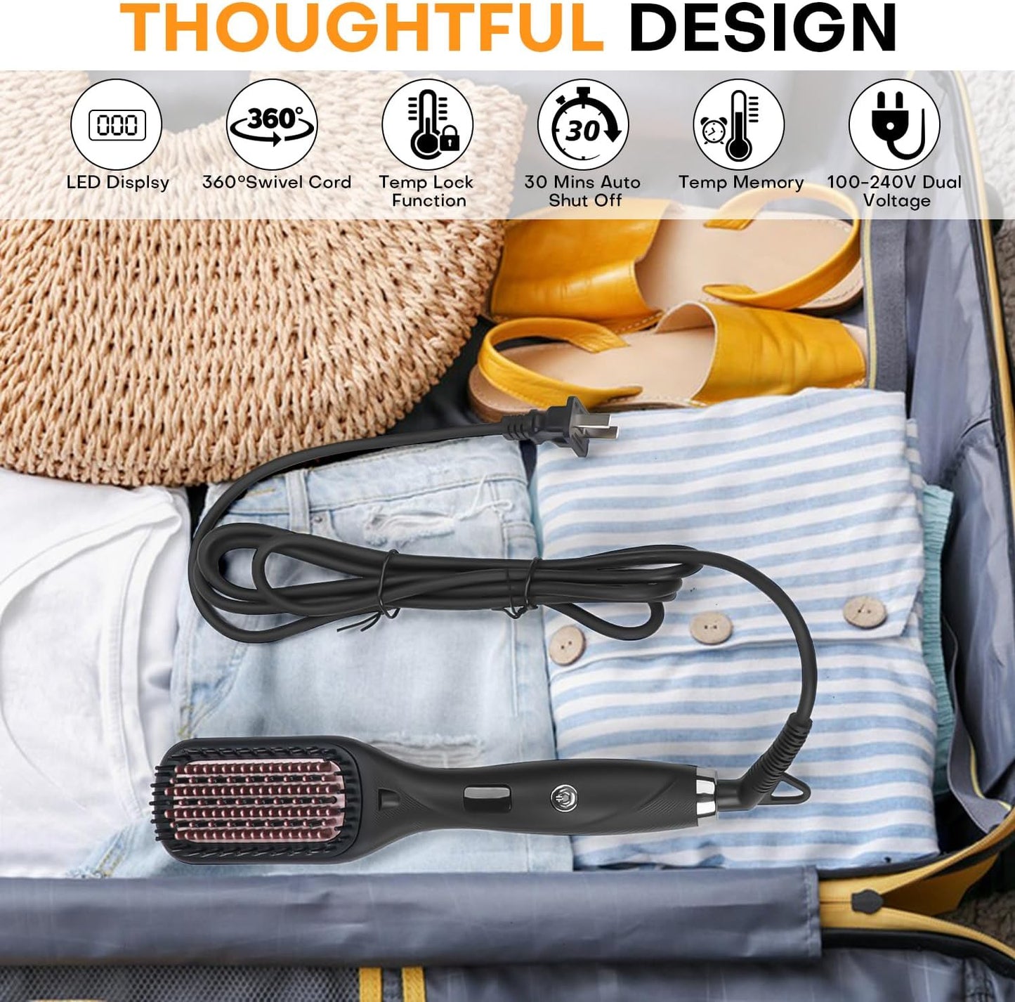 Hair Straightener Brush - Ceramic Ionic Hair Straightener Comb for Women | 20s Fast Heating | 2-in-1 Flat Iron & Brush, Black