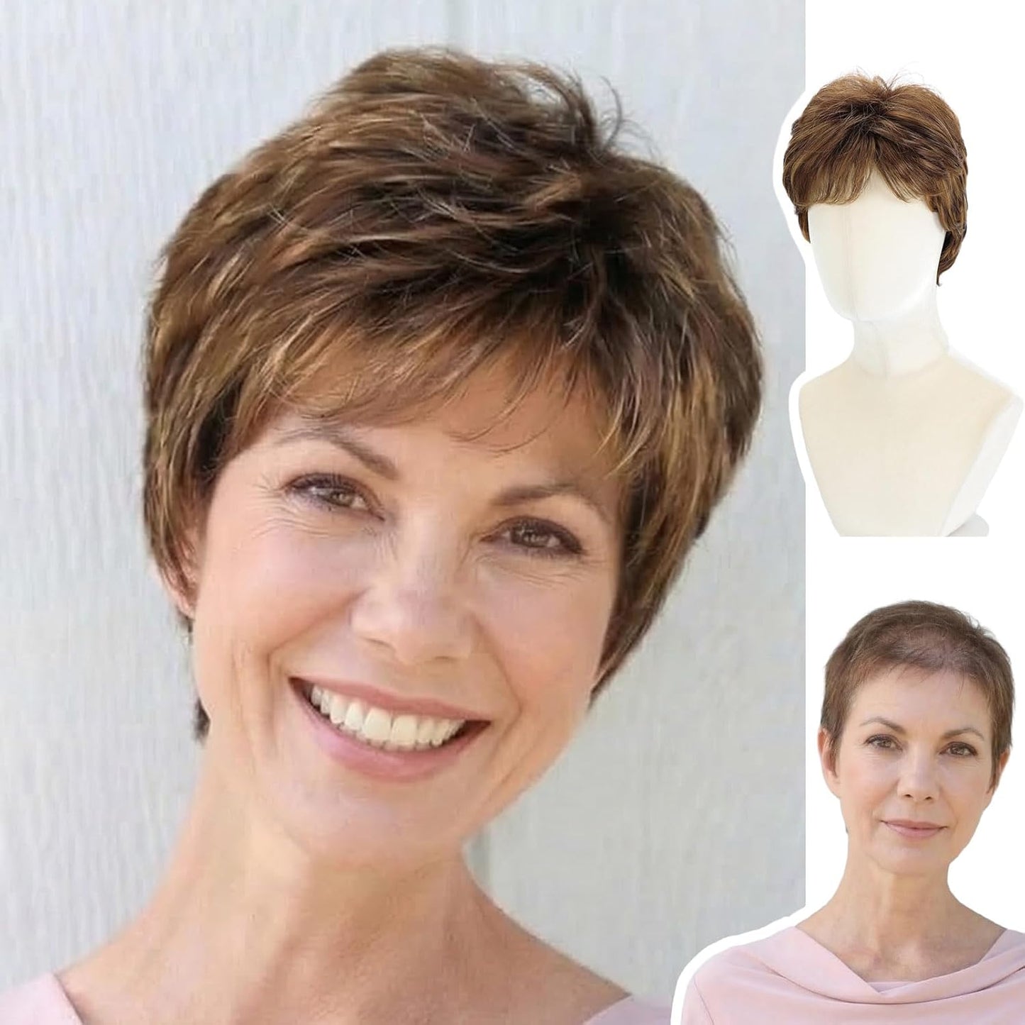 Short Pixie Wig for Women | Curly Ash Blonde with Dark Roots - Heat-Resistant Synthetic Wig with Bangs, Lightweight Cap
