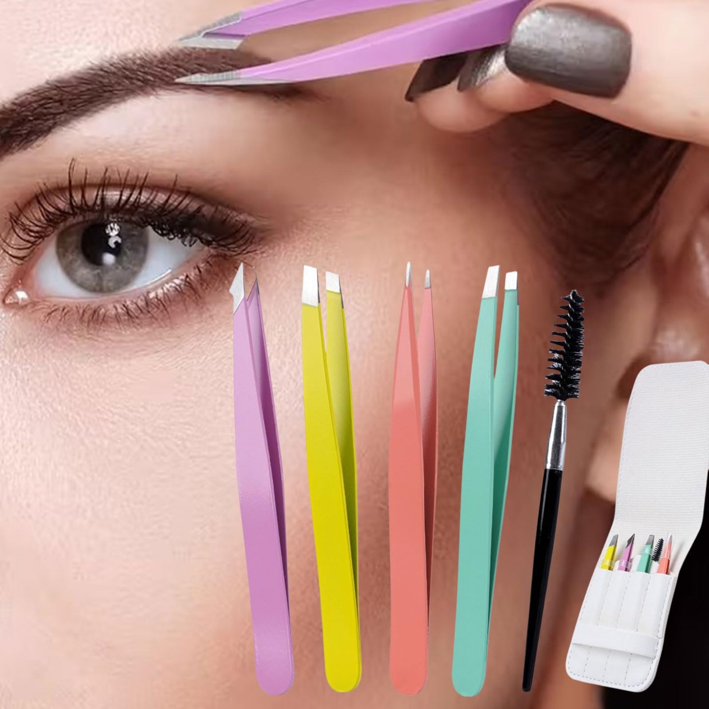 Tweezers for Women Facial Hair,5Pcs Tweezers Set,Tweezers Kit,Eyebrow Tweezer Set,Stainless Steel Precision Tweezer Kit,Eyebrow Tweezers with Curved Scissor for Ingrown Hair,with Travel Case