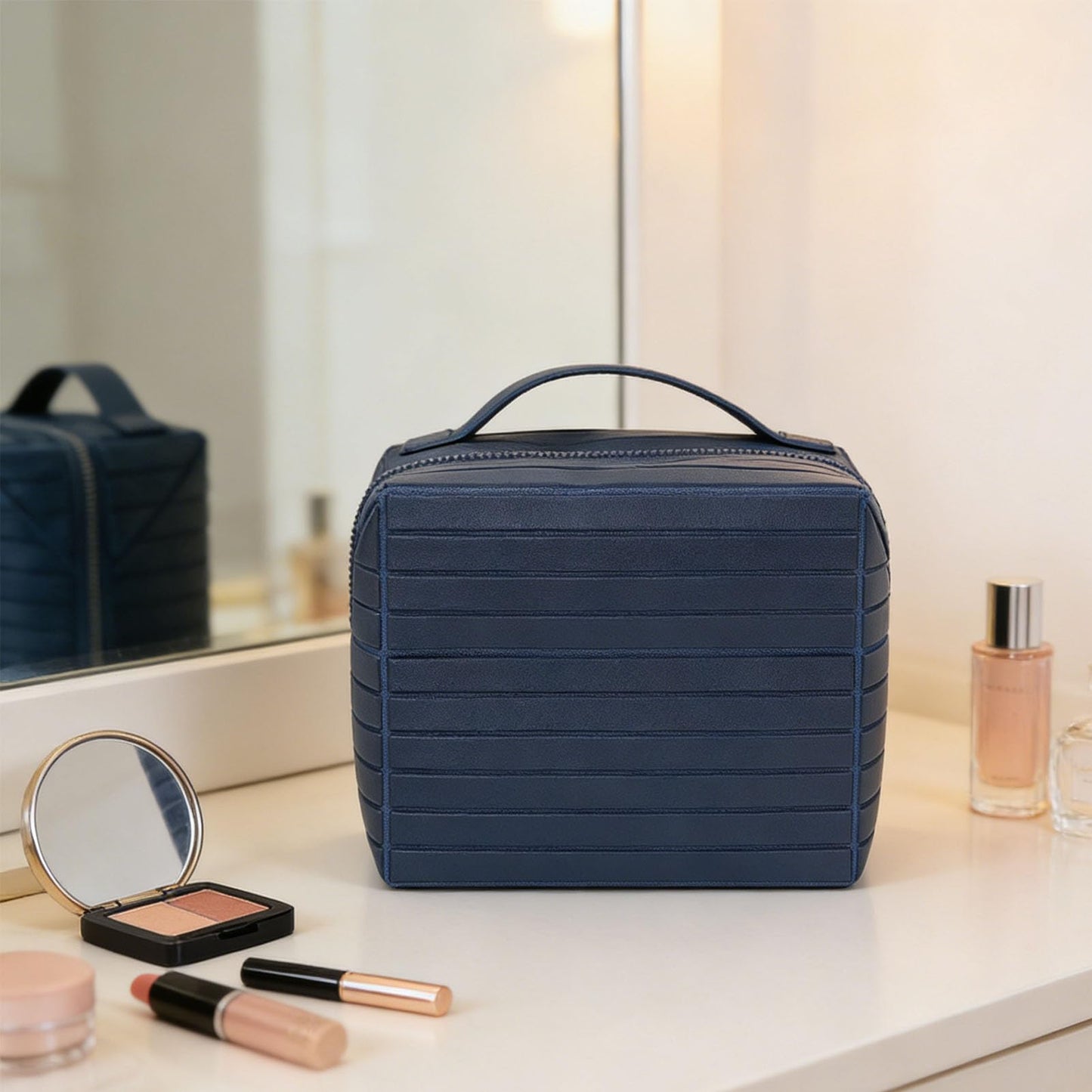Yechiry Foldable Makeup Bag, Water Proof Makeup Organizer, Large Capacity Travel Size Toiletries with Zip Closure Instantly Lays Flat Cosmetic Case for Women Toiletries Organizer (Navy Blue)