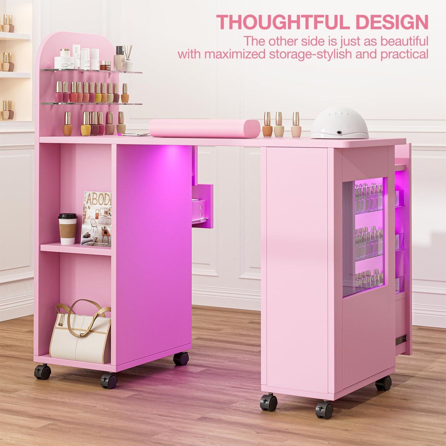 TTGIEET Professional Nail Desk for Nail Tech w/LED Light Display Cabinet, Rolling Manicure Table with Lockable Wheels, Storage Drawers, Wrist Cushion, Acetone Resistant, for Beauty Salon, Spa & Home