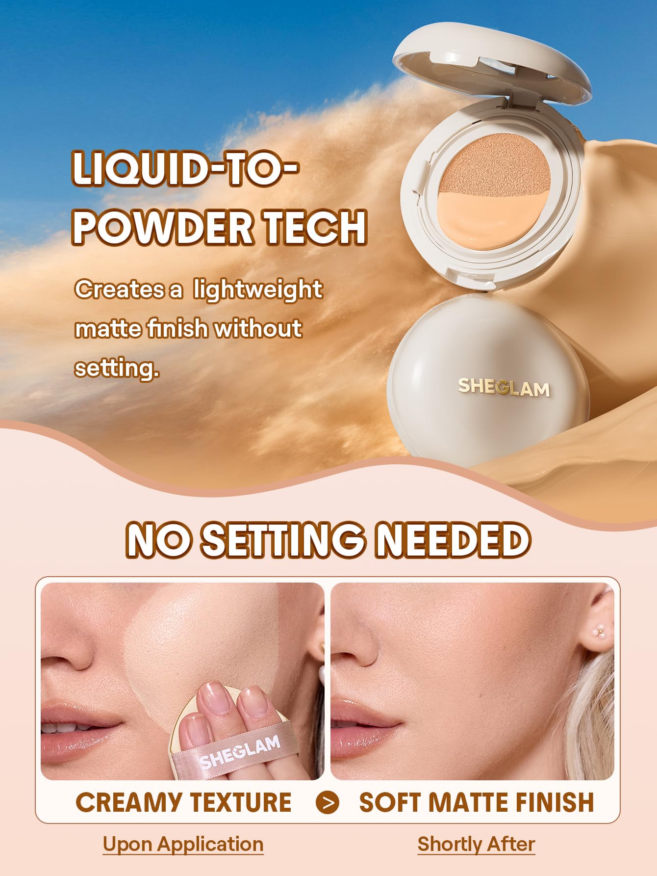 SHEGLAM Lock & Go Long-Lasting Cushion Foundation Soft Matte Weightless Waterproof for Flawless Base Makeup-Nude