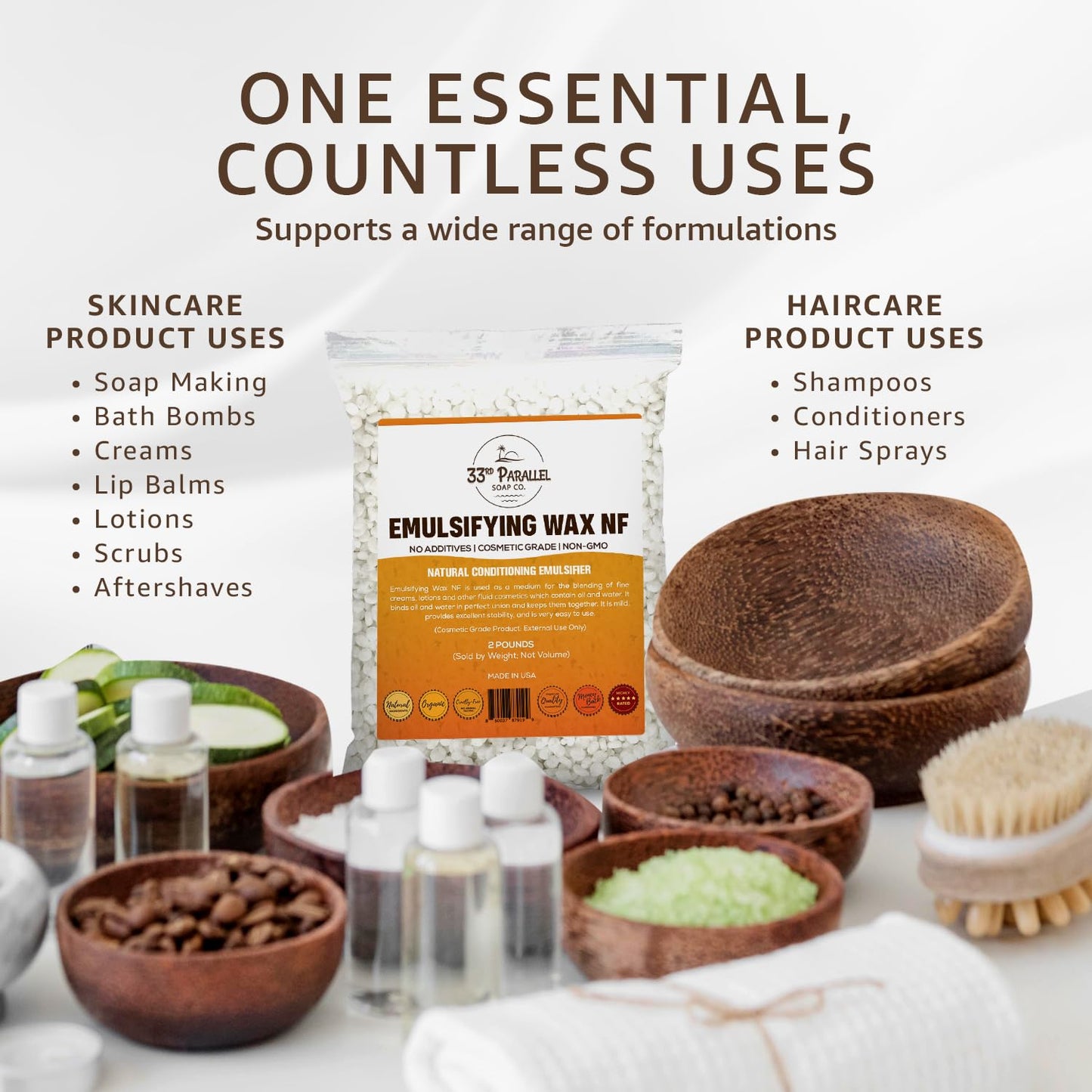 Non-GMO Emulsifying Wax NF Pastilles (2 LBS / 32 OZ) 100% Natural Plant Derived | For Lotions, Creams, Soap Making, Hair Products | Cosmetic Grade | Product of USA | 2 POUNDS