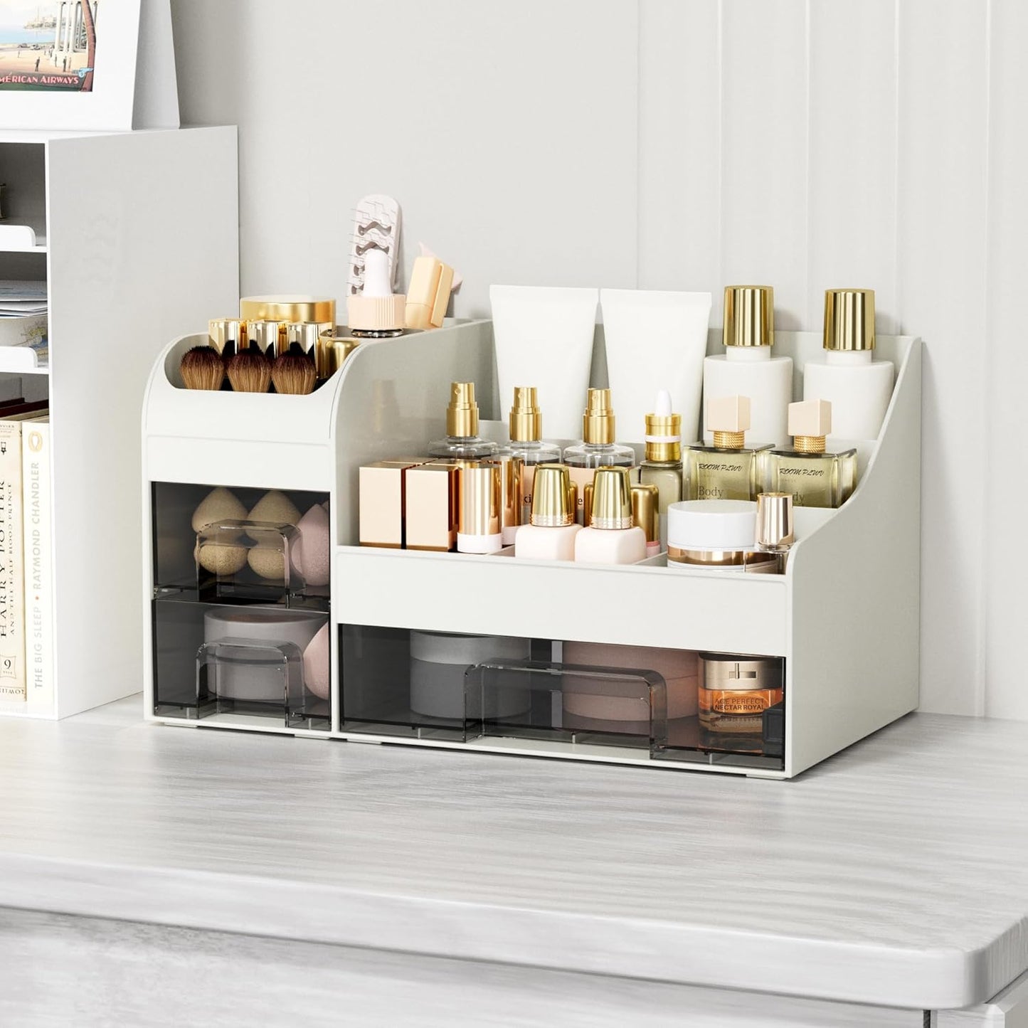 Makeup Organizer with Drawers - Large Cosmetic Storage Box | Multifunctional Skincare Display Case - White Transparent