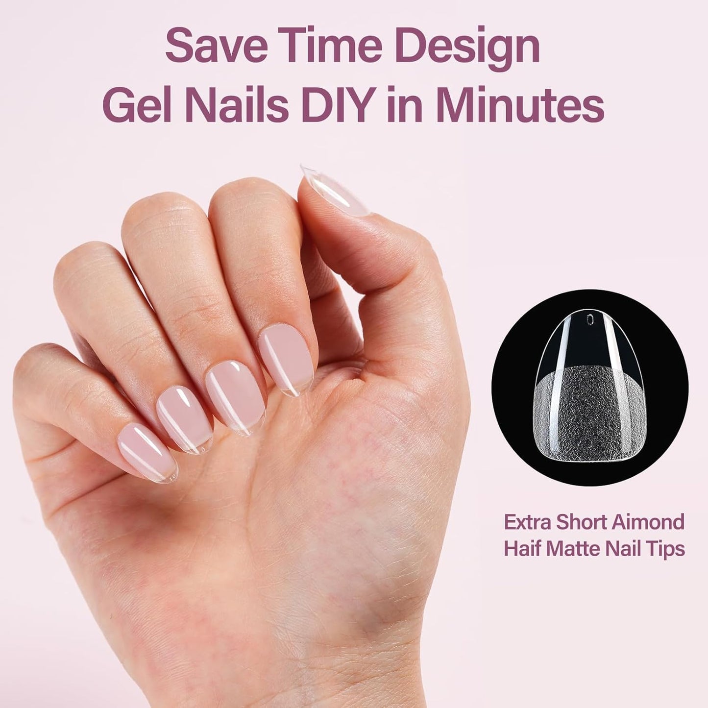 Almond Gel Nail Tips Kit - 216 Pre-Etched Clear Fake Nails | 9-in-1 Gel Glue & Mini UV Lamp for Women, 12 Sizes