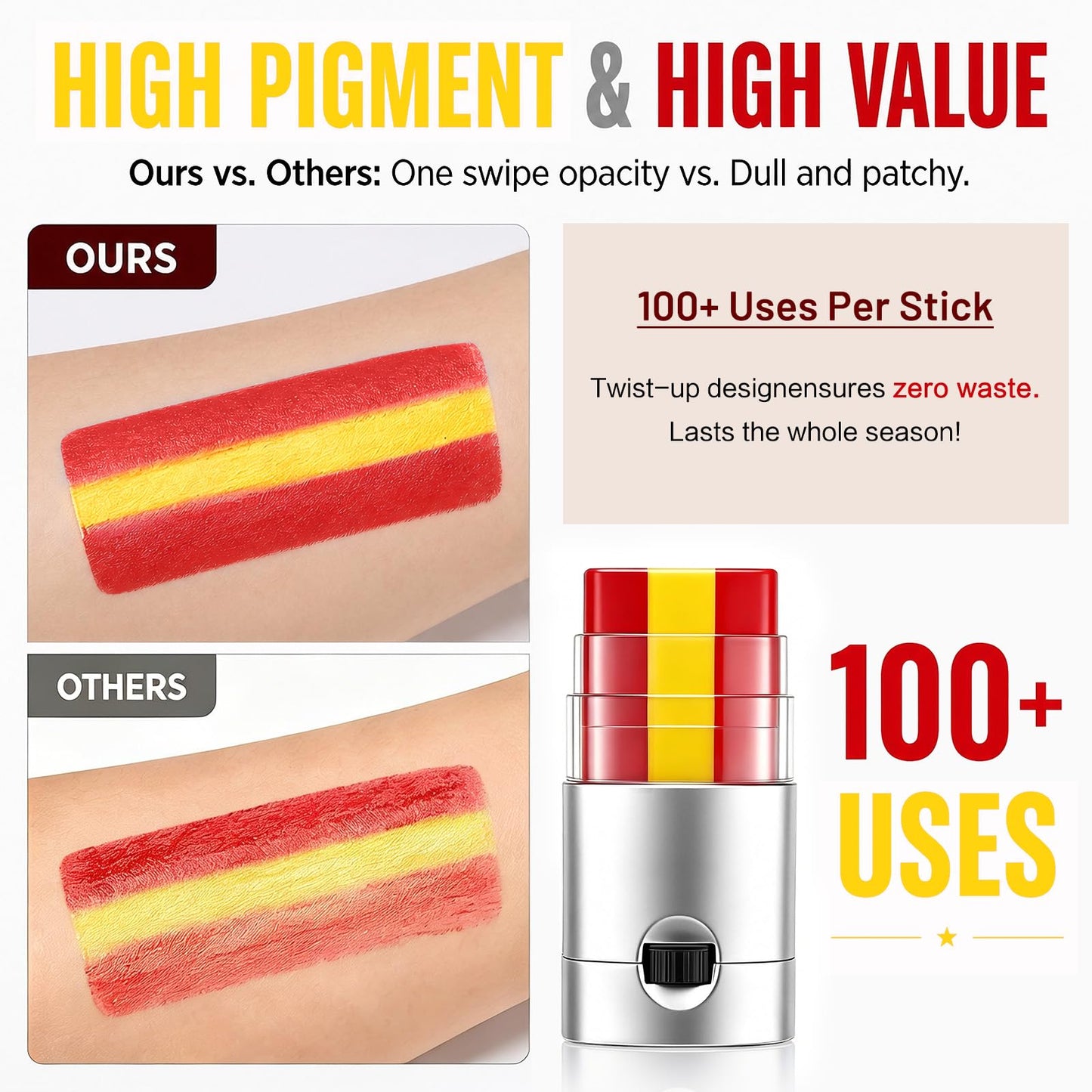 Red Yellow Red Face & Body Paint Stick, Sports Eye Black-Style Makeup Stick, Soccer Fan Makeup, Waterproof Sweatproof Cream Paint for Football Baseball Fans, Fiesta Party Flag Color Makeup