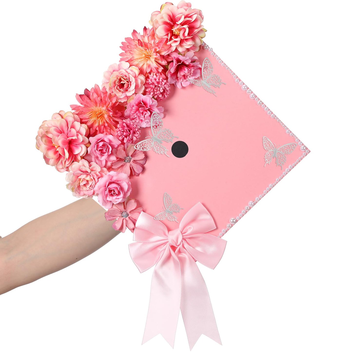 MotiMind 41 Pcs Pink DIY Graduation Cap Decoration Kit, Grad Cap Decorations Grad Hat Topper Faux Assorted Flowers Bows 3D Cream Construction Paper Butterfly Stickers Pearl Adhesive Dots
