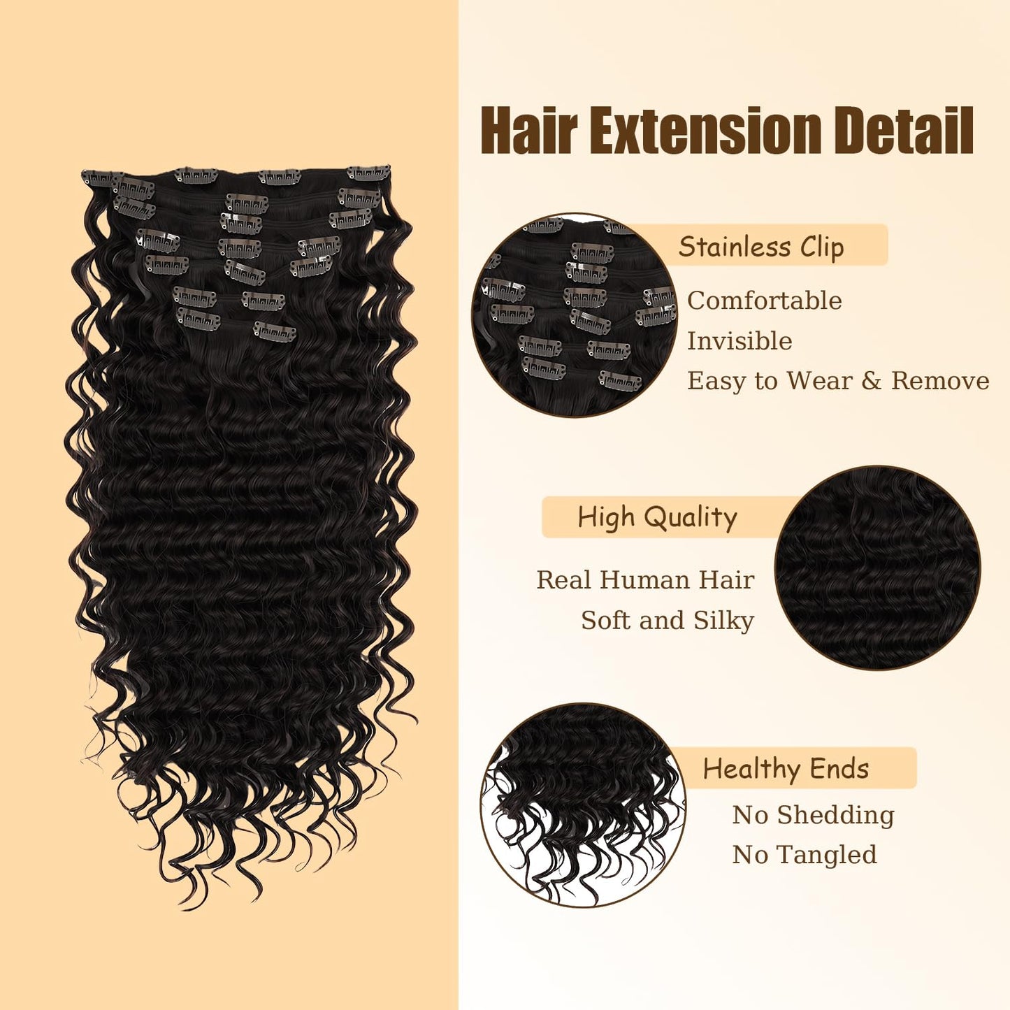 #1B Deep Wave Clip in Hair Extensions Real Human Hair, 32 Inch 120g/7Pcs,Full Shine Black Human Hair,Natural Black Clip ins Brazilian Virgin Human Hair Extensions