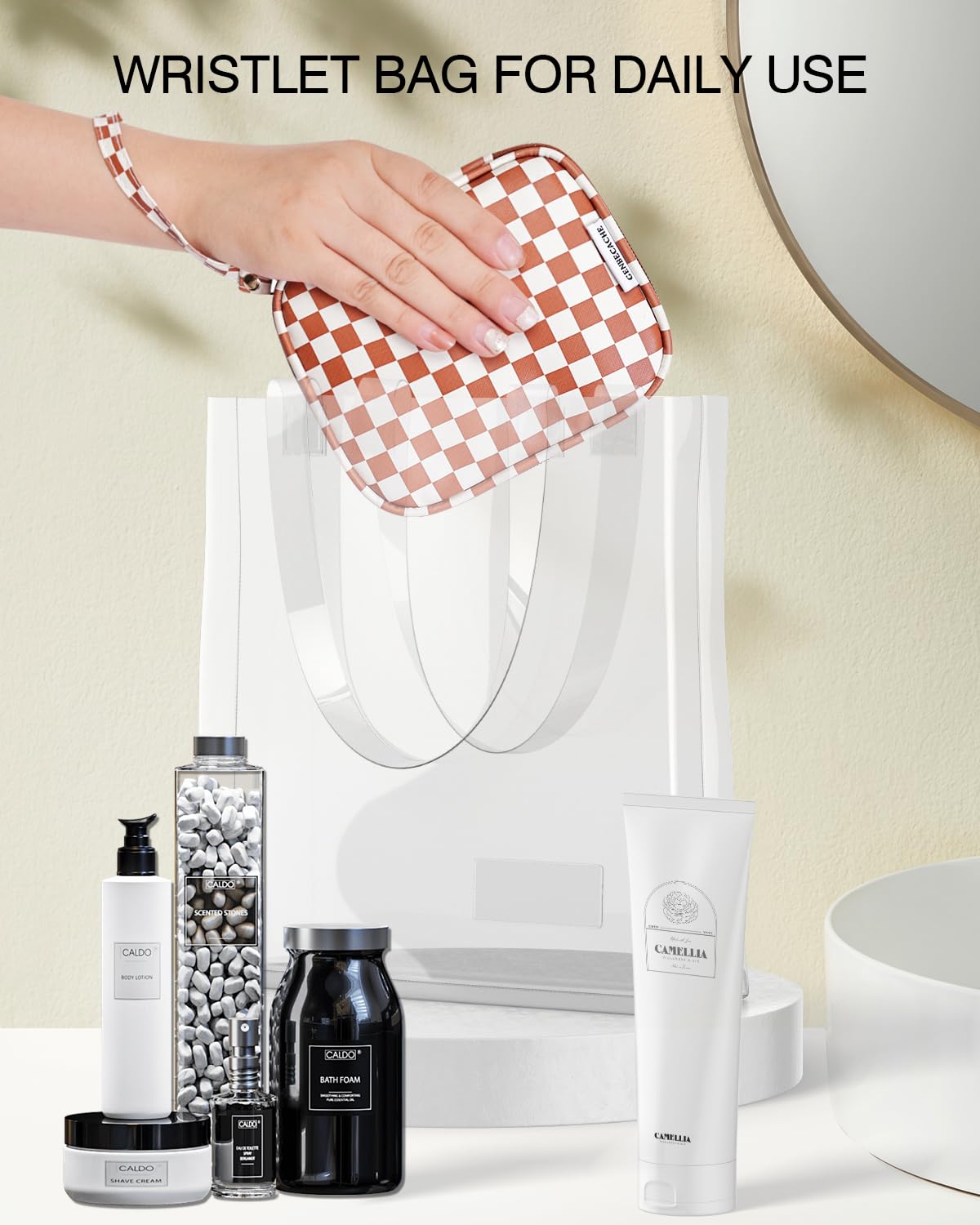 GENBECACHE Mini Cosmetic Bag, Small Makeup Bag for Purse, Zipper Checkered Pouch, Packing Cube for Travel with Wrist Strap, Brown